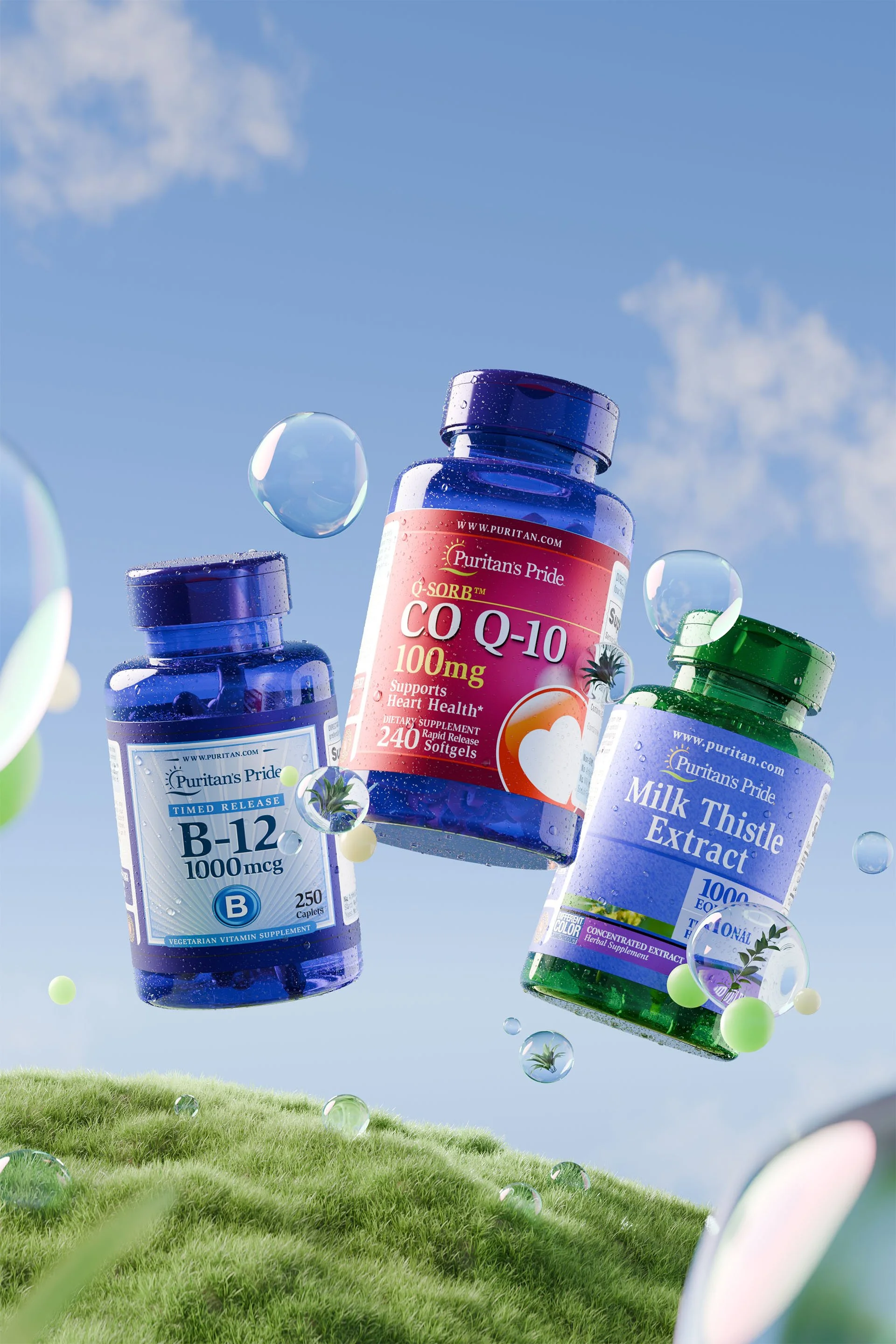 Three supplement bottles floating above a grassy hill against a blue sky with clouds, with spherical elements around them.