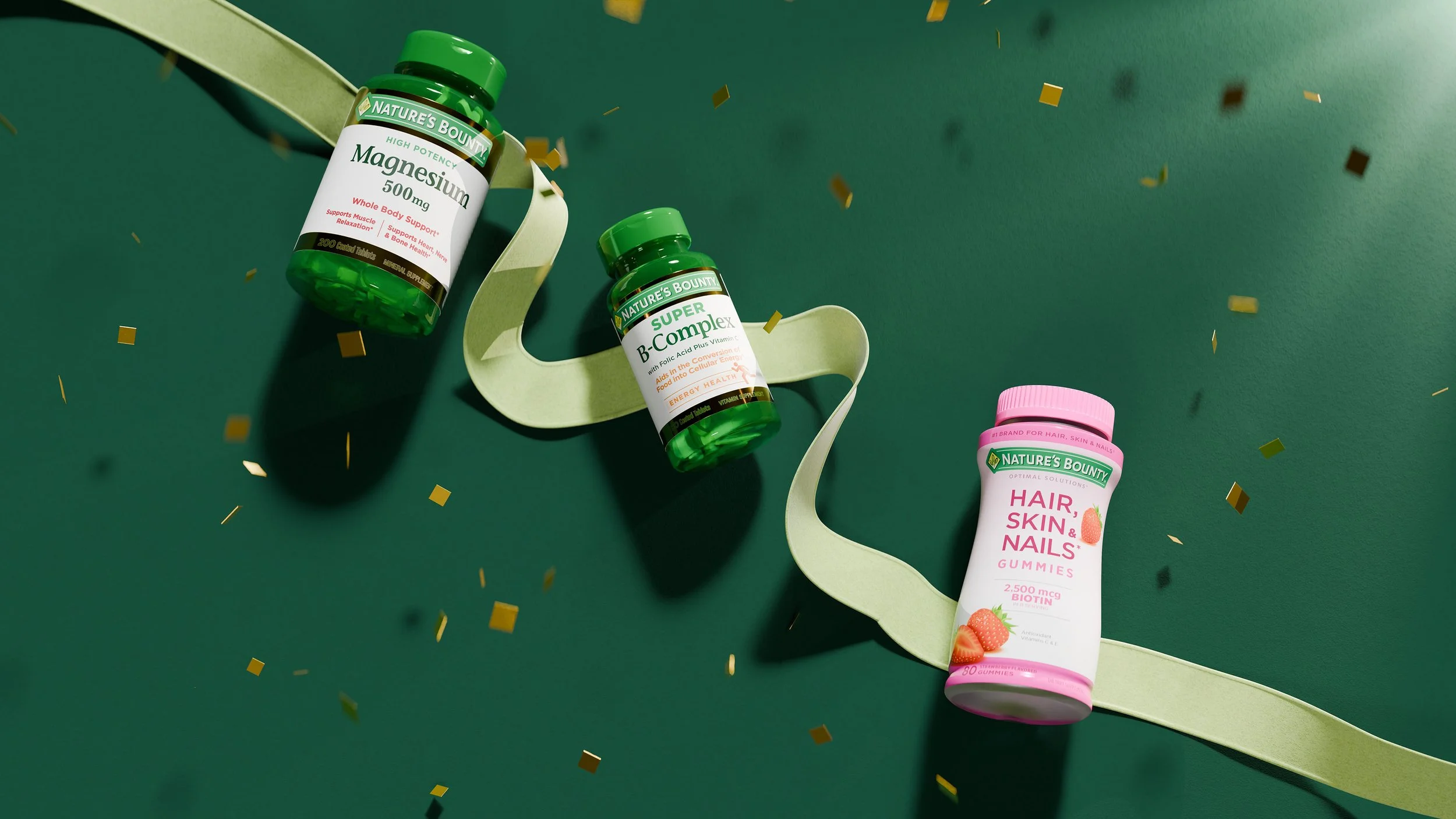 Three bottles of Nature's Bounty supplements and gummies on a green background with gold confetti and a light green ribbon. The bottles include magnesium tablets, B-complex vitamins, and hair, skin, and nails gummies.
