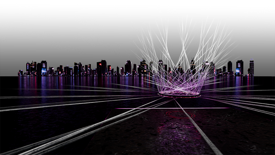 Futuristic nighttime city skyline reflected on water, with a glowing purple light installation sending beams across the foreground