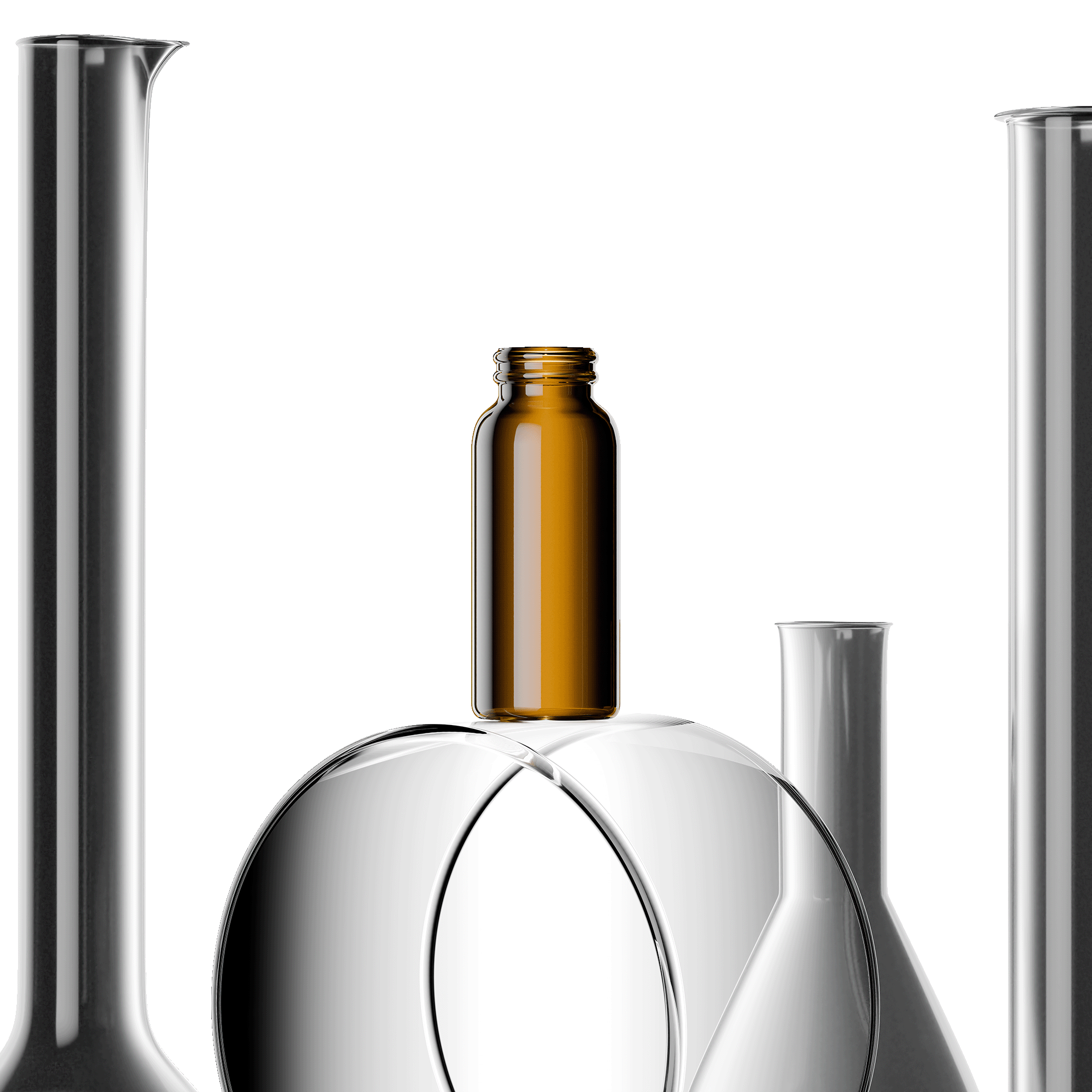 Laboratory glassware including a brown bottle, tall cylinders, and a conical flask, arranged on a glossy reflective surface with a black background.