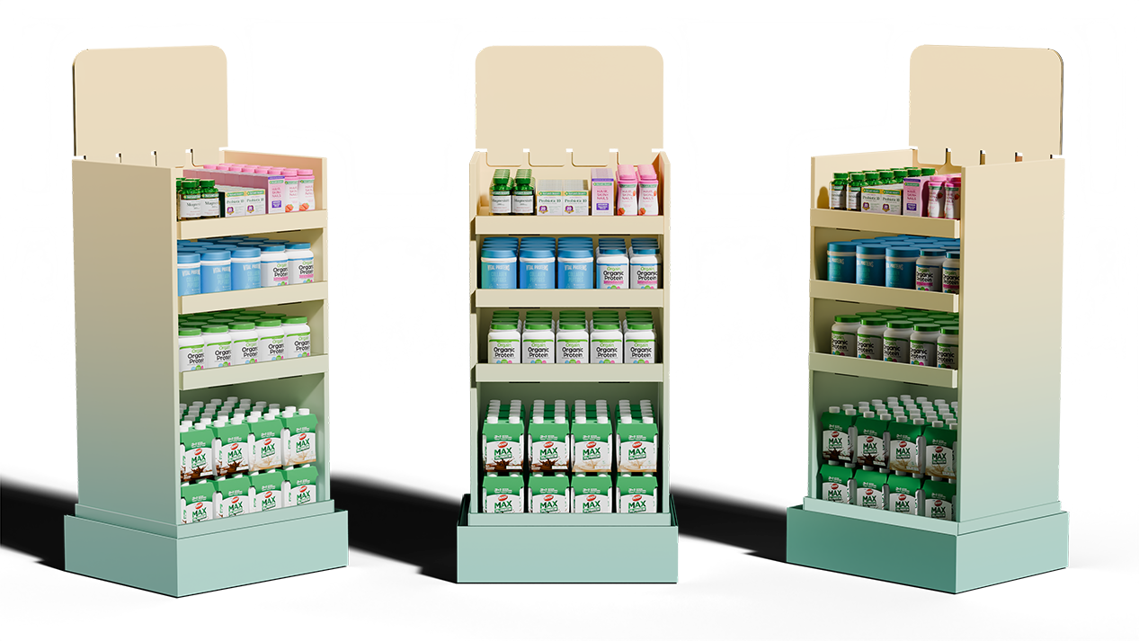 Three shelves of dietary supplements and nutritional products in a store.