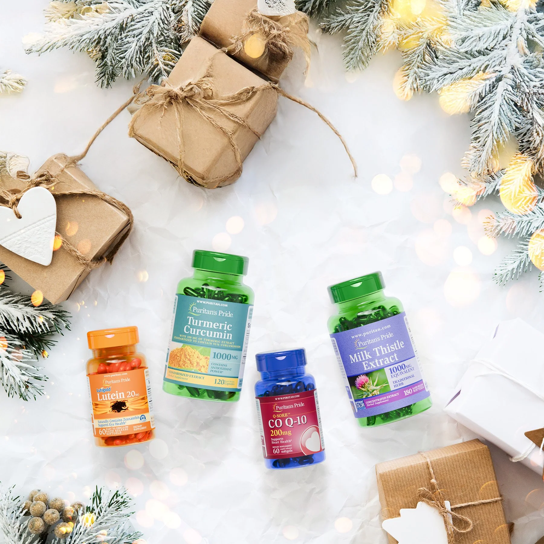 Holiday scene with supplement bottles, gift boxes wrapped in brown paper and twine, and decorated pine branches.
