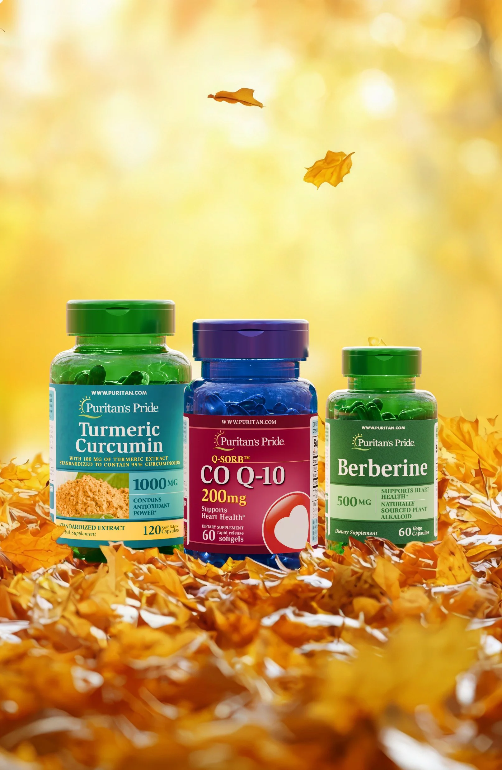 Three bottles of dietary supplements placed on autumn leaves with a blurred golden background and falling leaves.