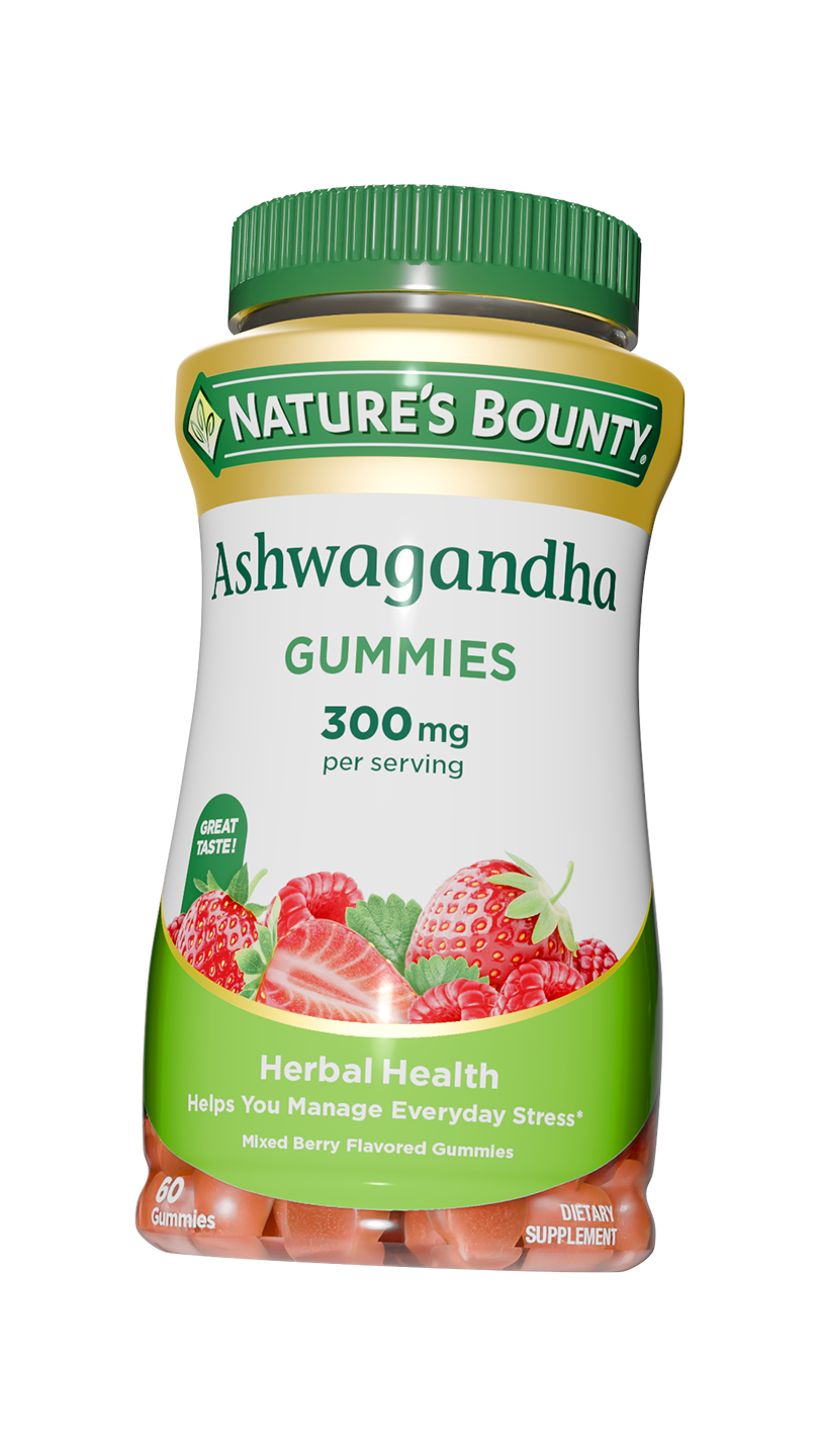 A bottle of Nature's Bounty Ashwagandha gummies with mixed berries flavor, containing 60 gummies, with a green cap and label indicating it is a dietary supplement for herbal health and managing stress.