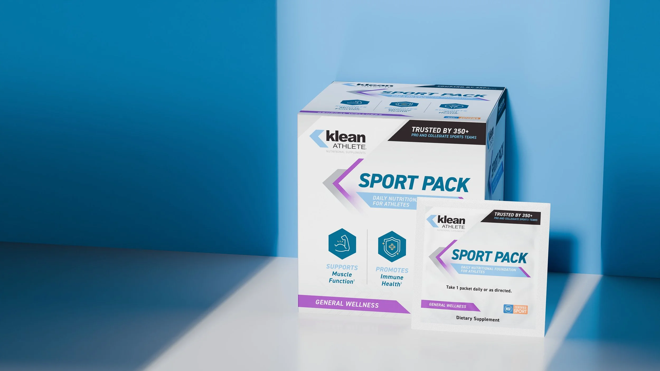 Box and packet of Klean Athlete Sport Pack dietary supplements, with the box in the background and the packet in the foreground on a white surface against a blue background.