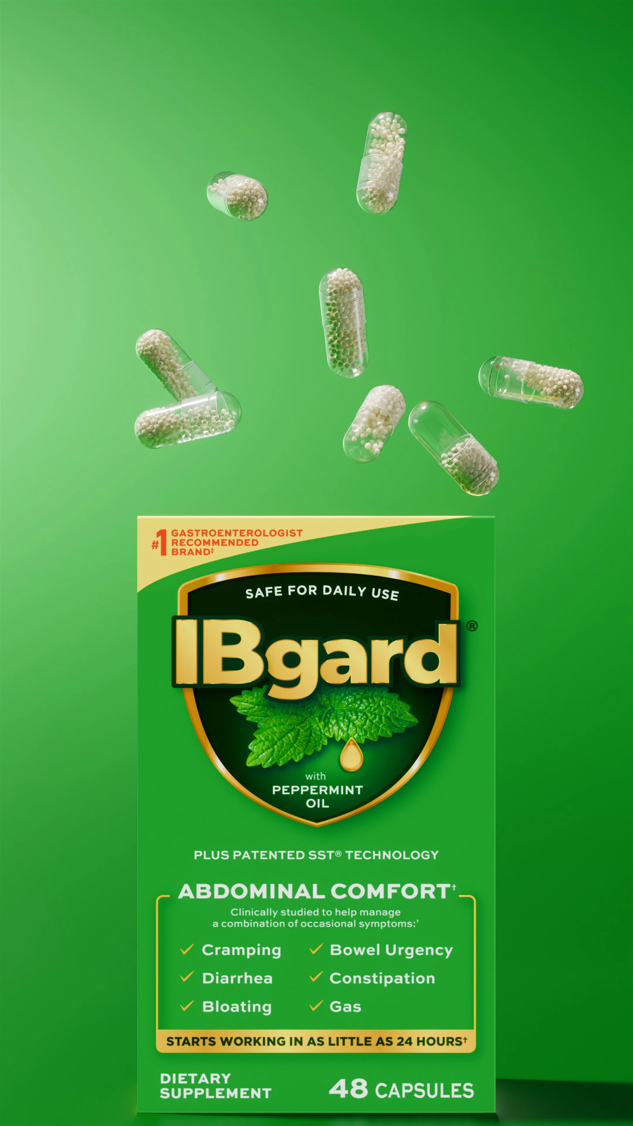 Green box of Ibgard Peppermint Oil dietary supplement capsules with floating capsules above.