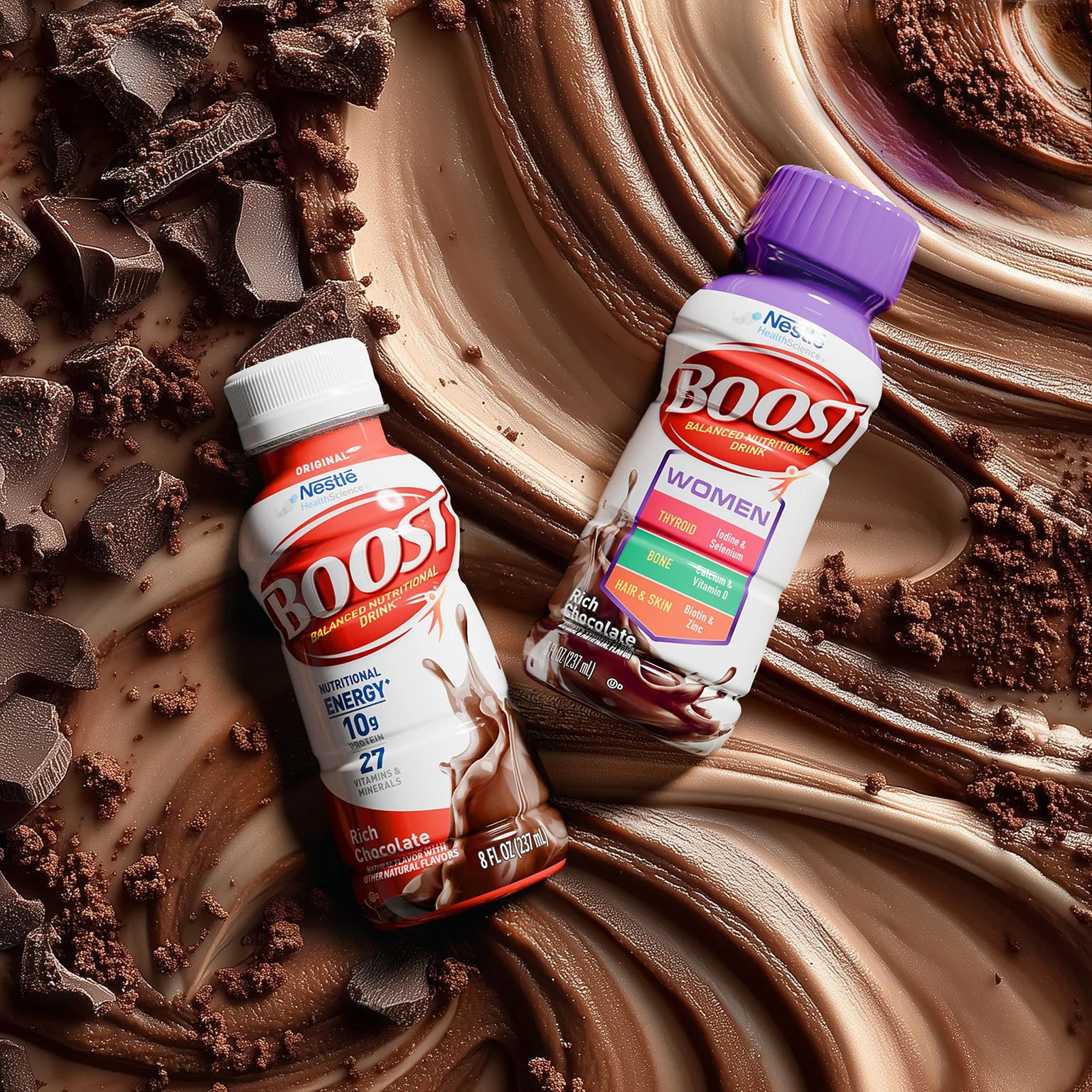 Two bottles of Boost nutritional drinks placed on a swirling chocolate dessert background.