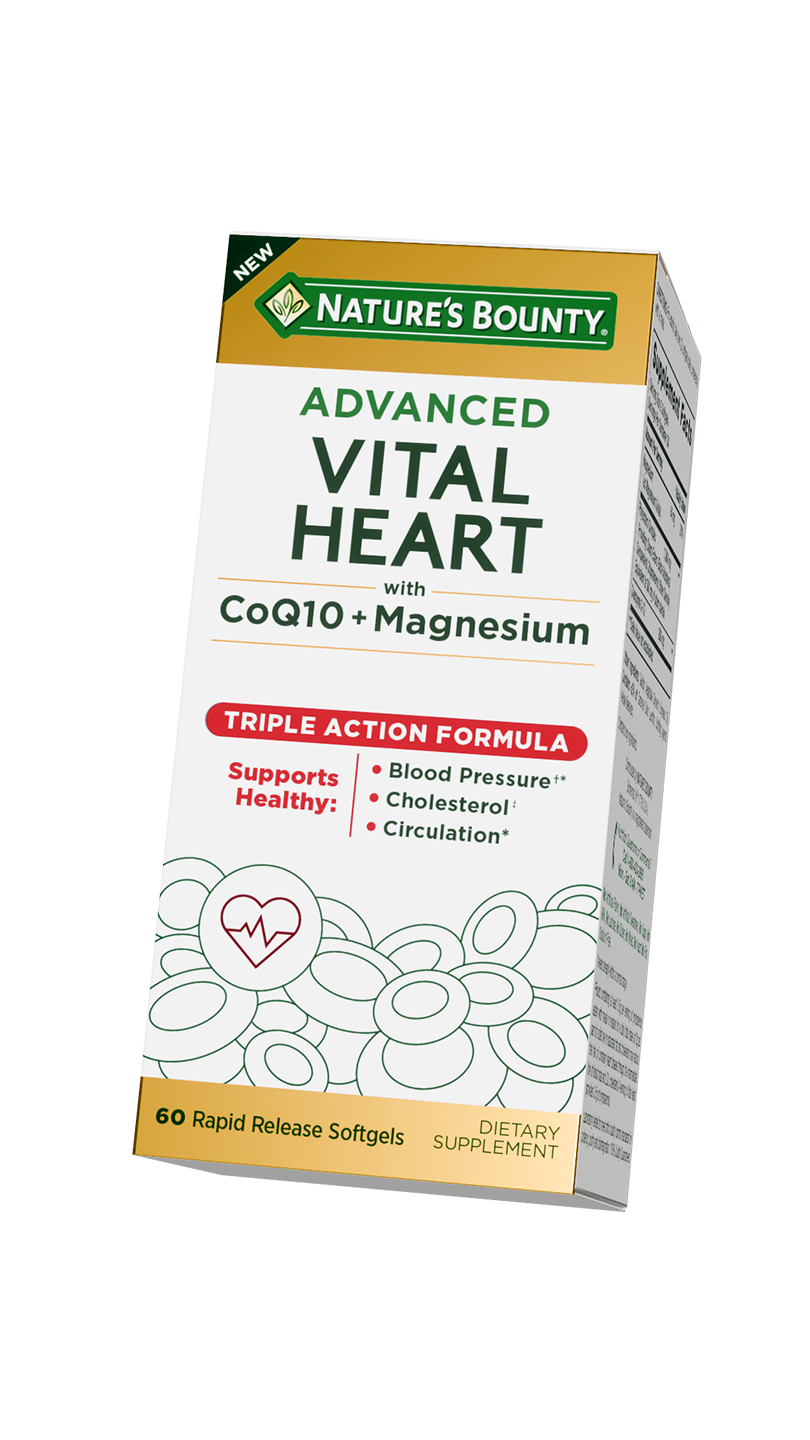 Box of Nature's Bounty Advanced Vital Heart dietary supplement with CoQ10 and Magnesium, featuring a red banner that says 'Triple Action Formula', supporting healthy blood pressure, cholesterol, and circulation.
