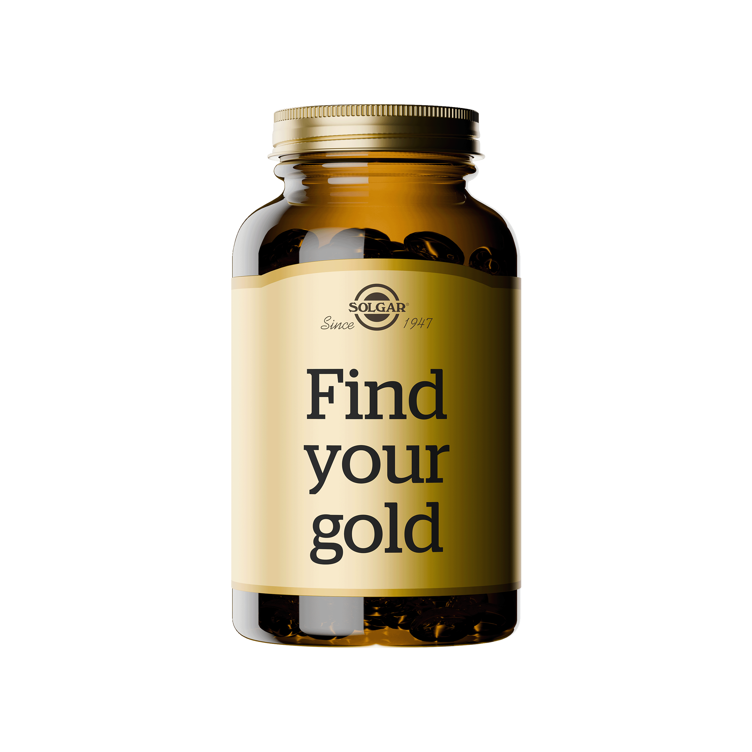 A bottle of Solgar vitamins with a label reading 'Find your gold' against a black and white background.
