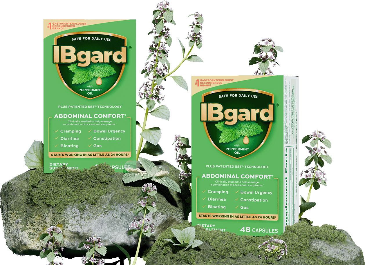 Two boxes of Ibgard peppermint oil capsules for digestive relief, surrounded by moss, rocks, and flowering plants.