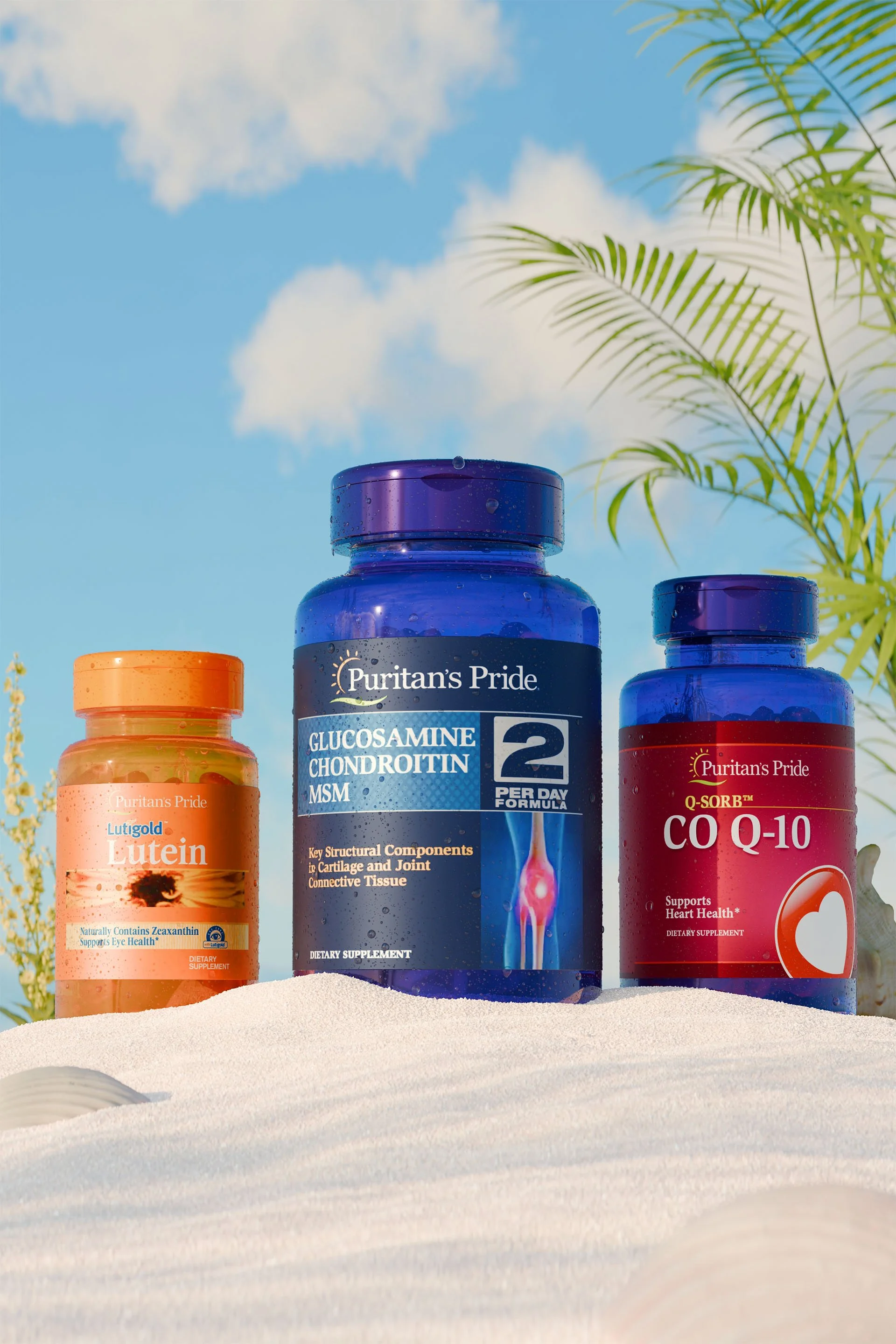 Three bottles of dietary supplements placed on white sand with a background of a blue sky, some clouds, and green palm leaves.
