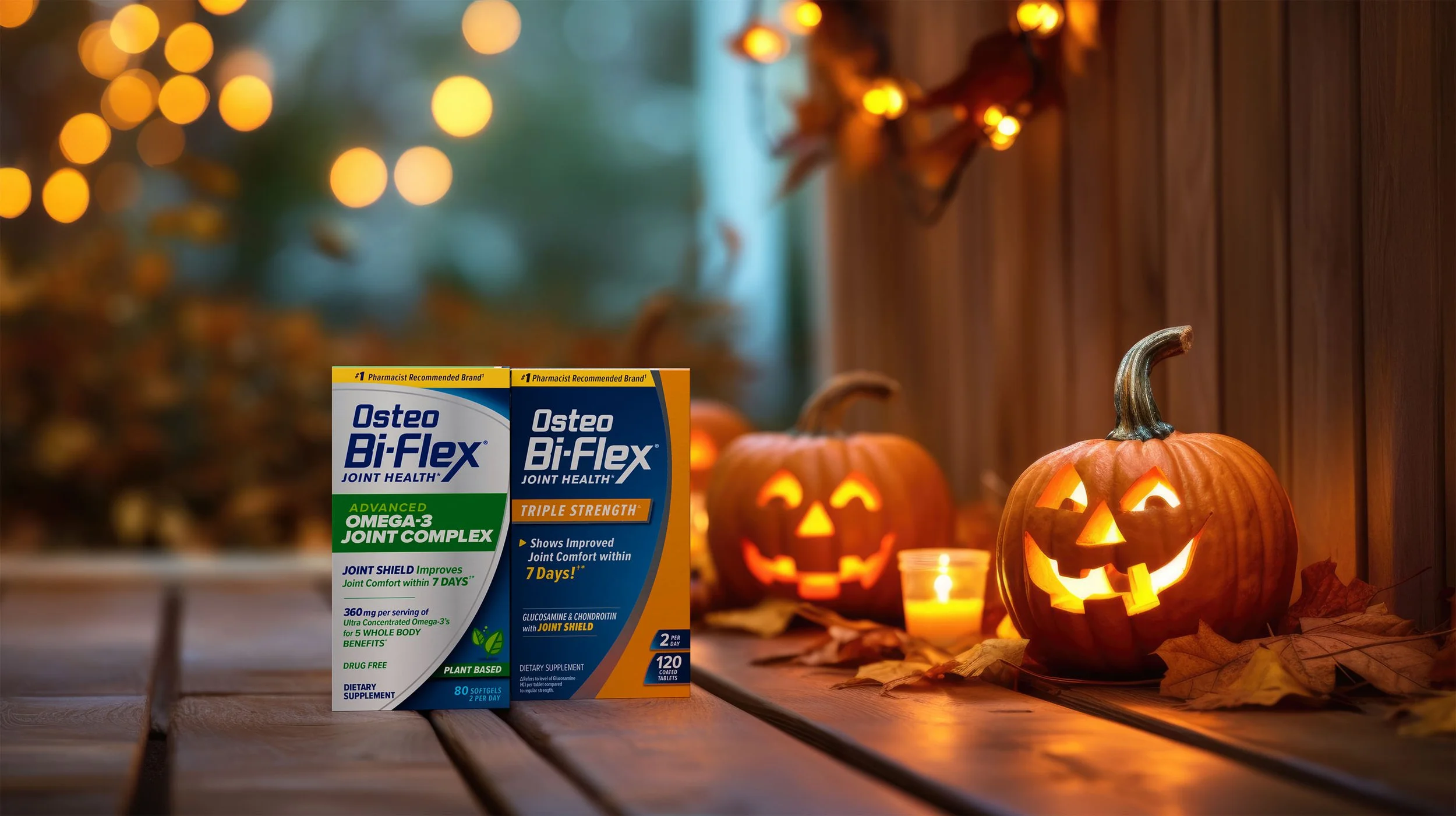 Pumpkin-shaped jack-o'-lanterns with glowing faces on a wooden porch, decorated for Halloween with autumn leaves and string lights in the background. In the foreground, a box of Osteo Bi-Flex joint health supplements is displayed.