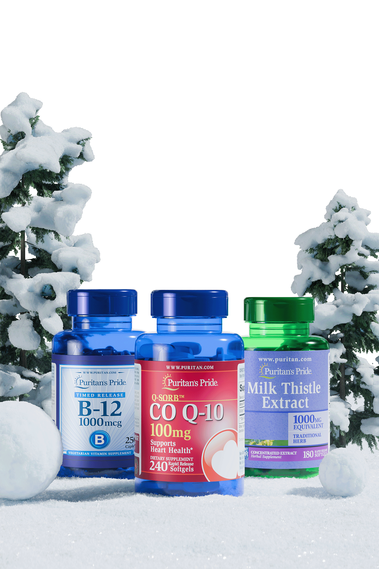 Three bottles of dietary supplements in snowy landscape with snow-covered trees in background.