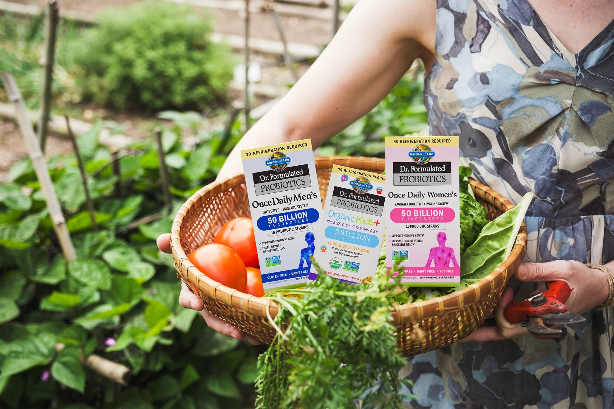 Person holding a basket with three packages of Garden of Life probiotic supplements, surrounded by green plants in a garden setting.