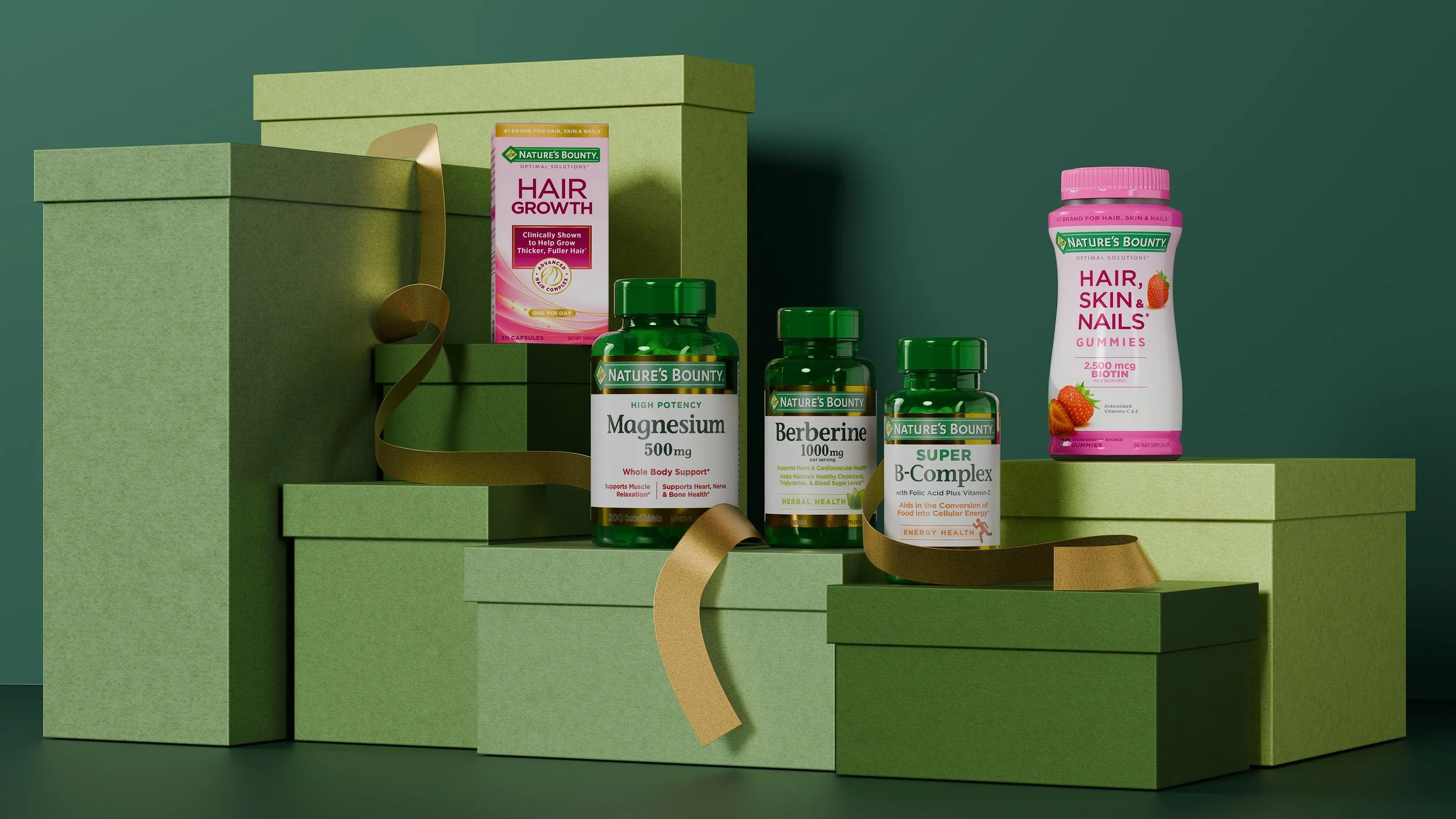 Arrangement of Nature's Bounty dietary supplements and gummies on green gift boxes, including magnesium, berberine, B-complex, hair growth capsules, and hair, skin, & nails gummies, with gold ribbons.