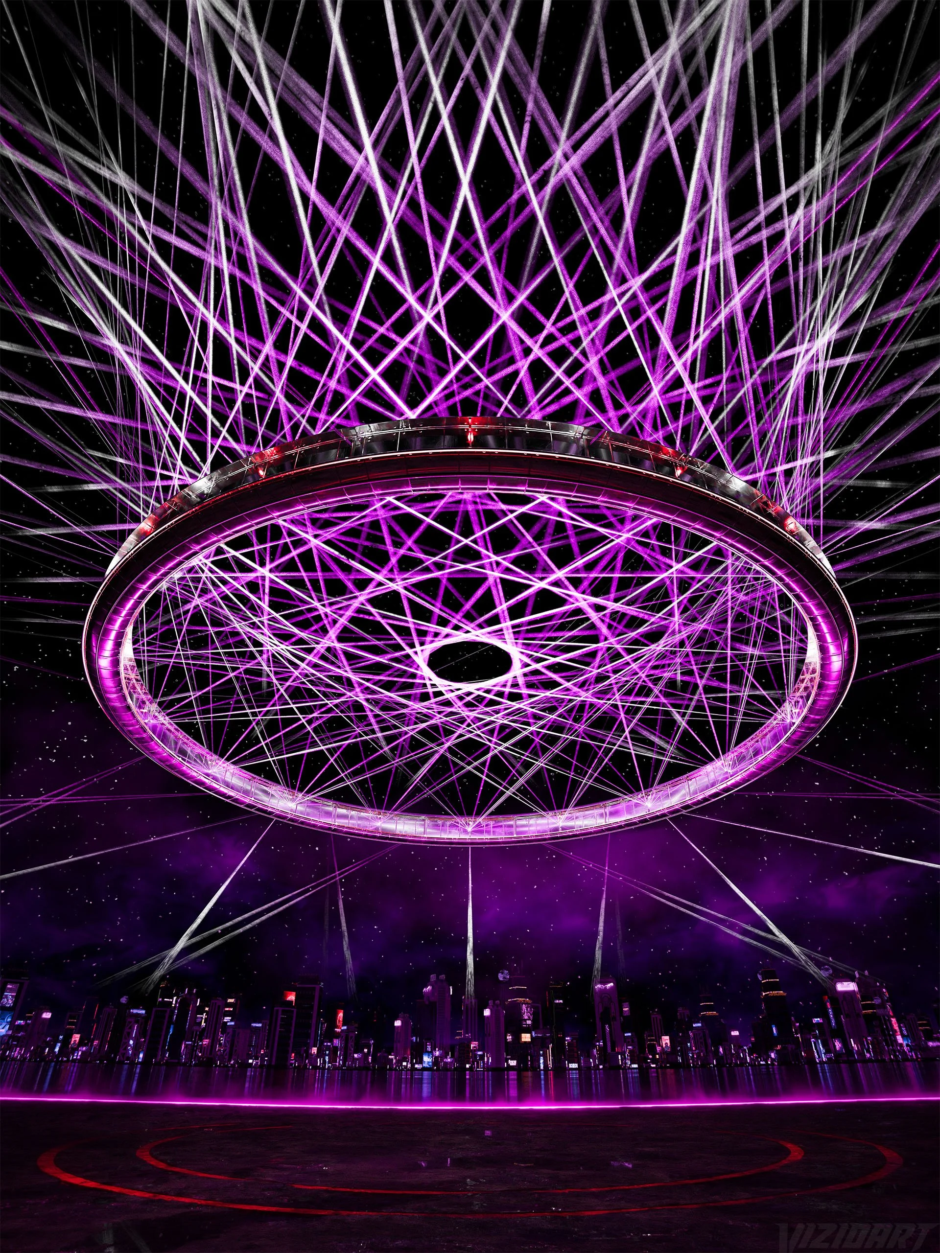 Futuristic purple neon city skyline beneath a massive glowing ring-shaped structure and crisscrossing laser beams