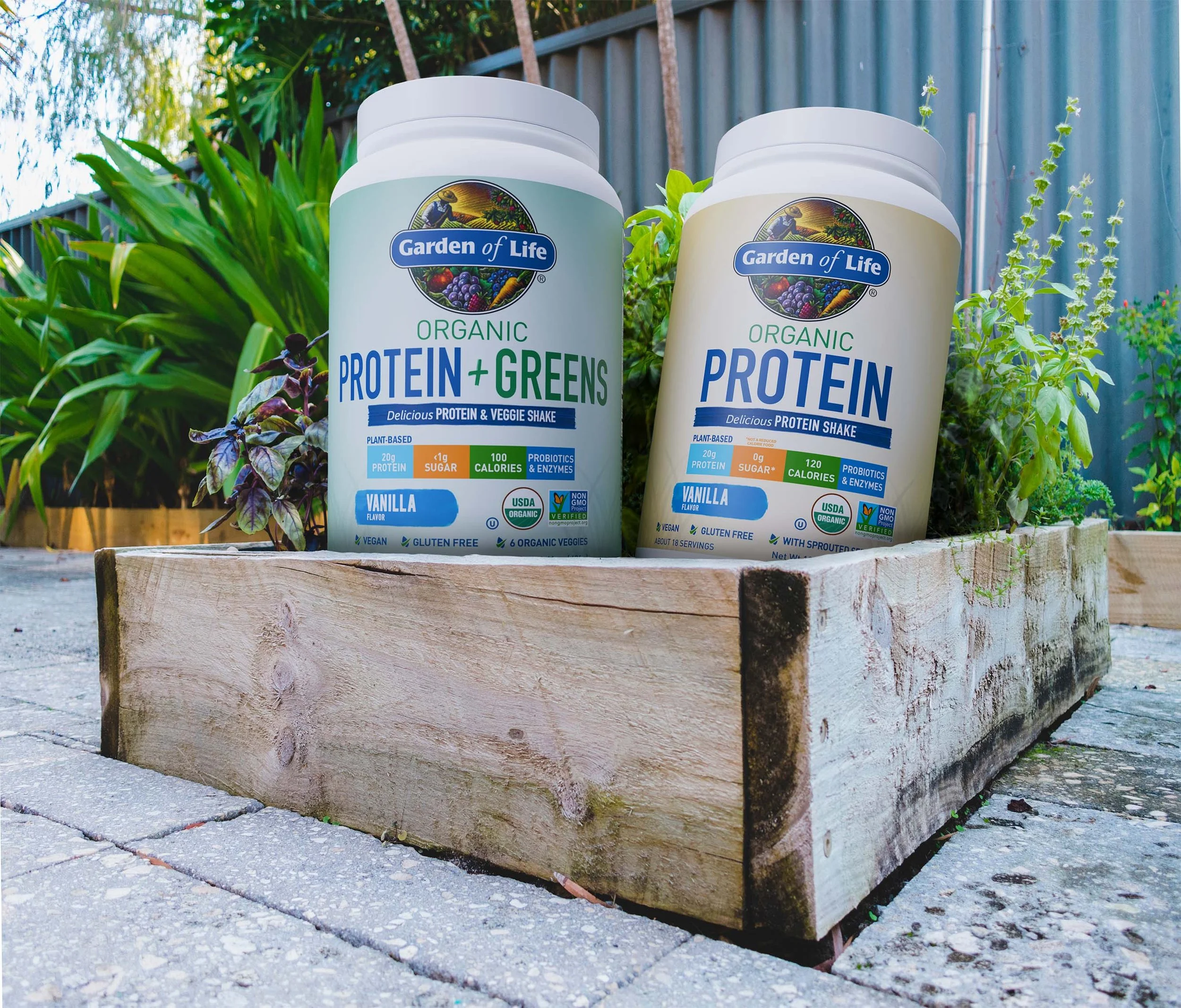Two containers of Garden of Life Organic Protein + Greens plant-based protein powder on a wooden planter box outdoors, surrounded by green plants and foliage.