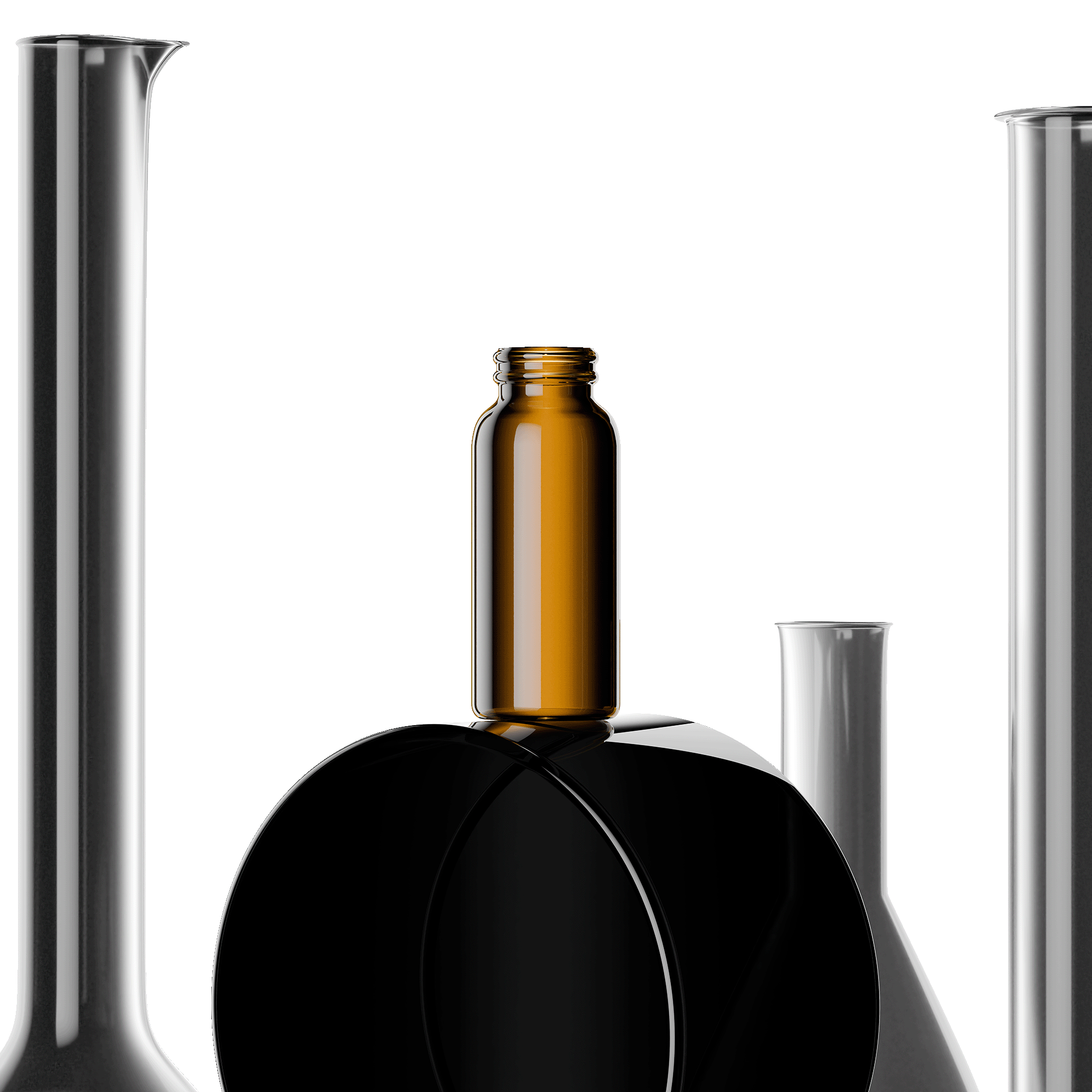 Various laboratory glassware, including a brown glass bottle, test tubes, and flasks, arranged against a black background.
