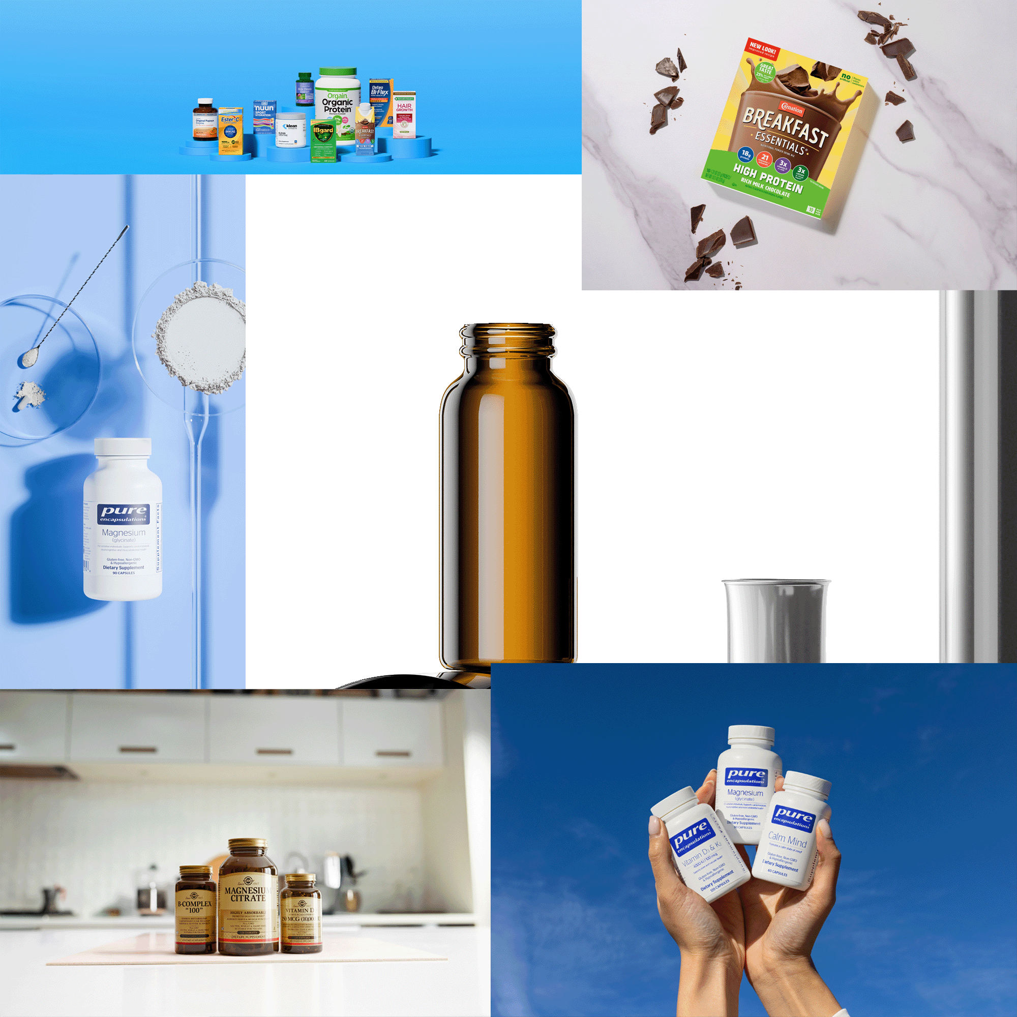Collage of dietary supplements and health products including vitamins, protein powders, chocolate, and bottles of magnesium and other pills, with some items on countertops and others on a background.