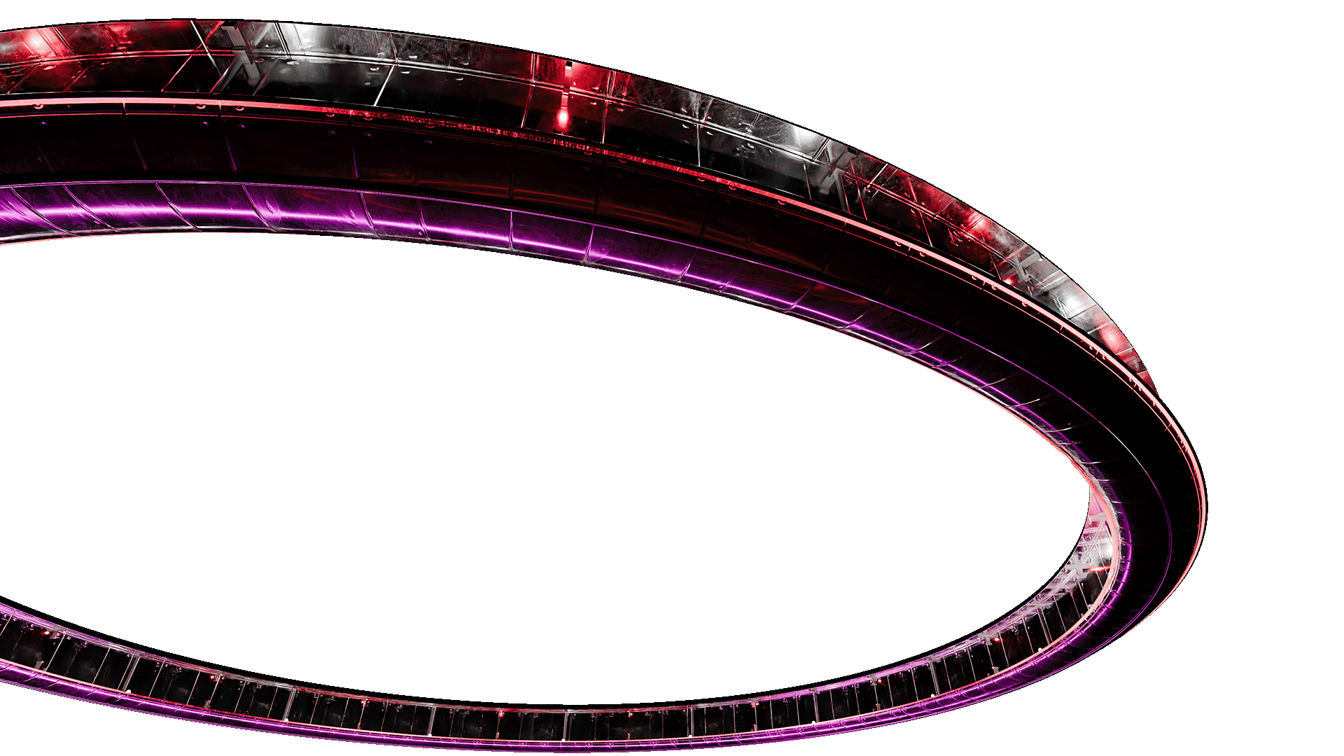 Curved metallic architectural structure illuminated with red and purple lights against a black background