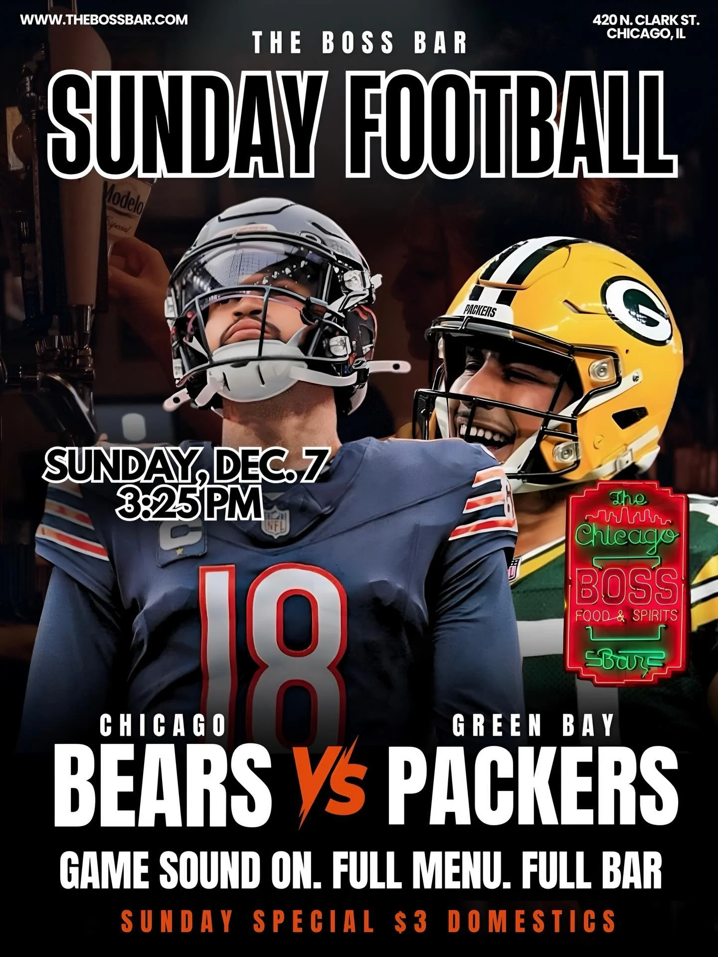 Chicago&rsquo;s biggest rivalry goes down TOMORROW: BEARS VS. PACKERS 🏈

We&rsquo;ve got Bears vs Packers on every TV with full sound, plus a full menu and full bar to keep the energy high all game long. Plus, $3 Domestics every Sunday! Come early, 
