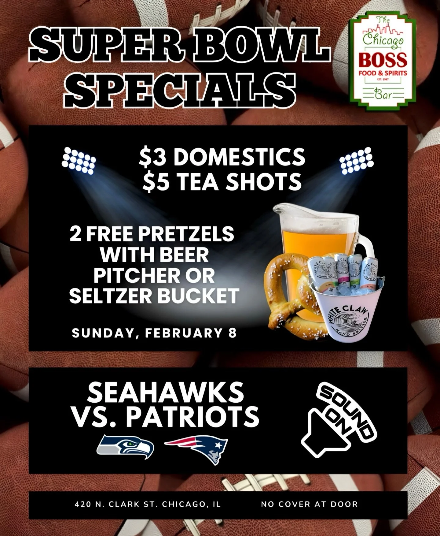Super Bowl Specials loadinggg 🏈🔥This Sunday we&rsquo;re coming in hot with $3 Domestics, $5 Tea Shots, and TWO FREE pretzels when you grab a beer pitcher or seltzer bucket 🥨🍻 

All screens on, sound UP, no cover at the door. You already know wher