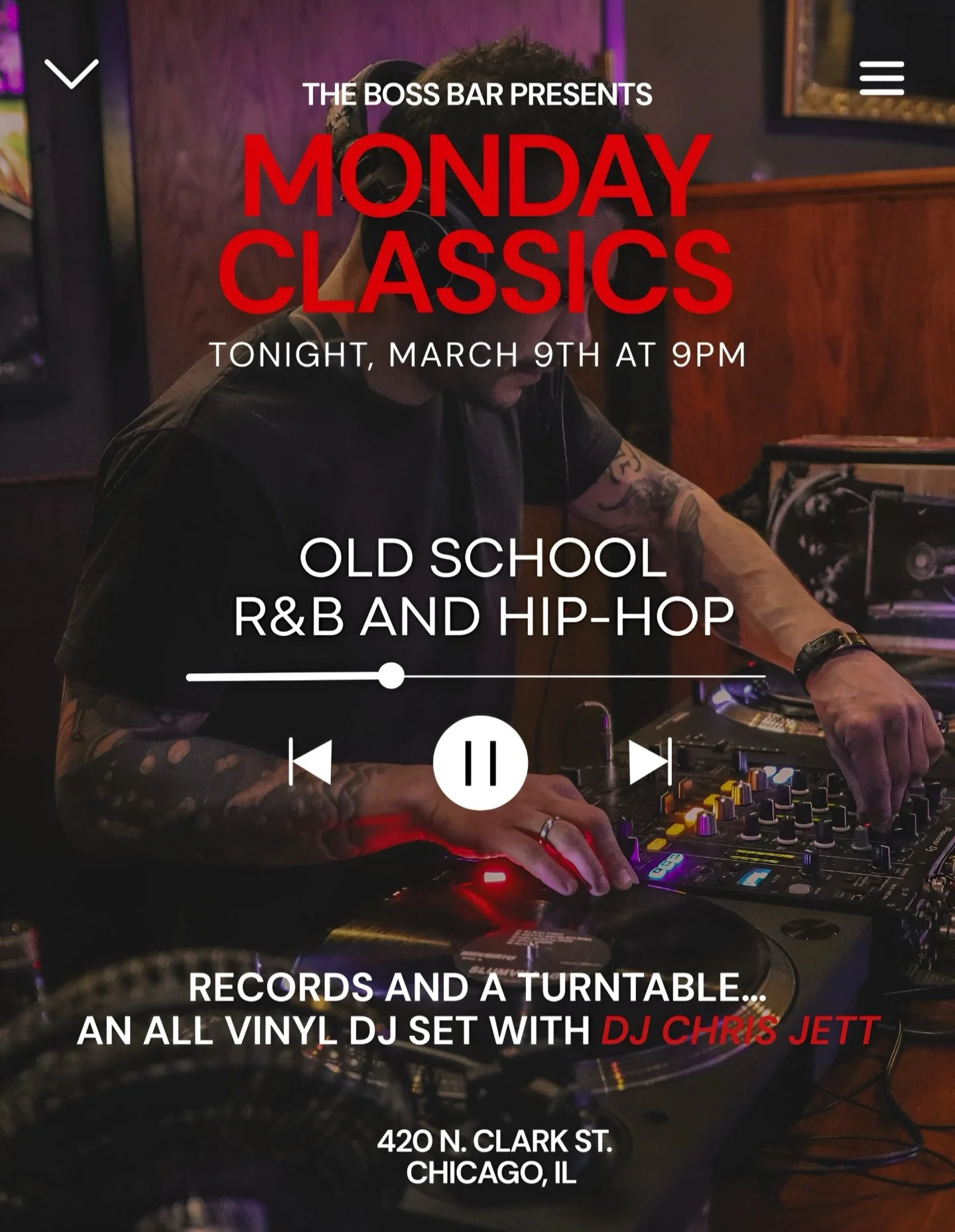 Chicago&rsquo;s got that perfect Monday weather, so let&rsquo;s start the week right. Join us tonight for an all-vinyl DJ set with old school R&amp;B and hip-hop favorites by DJ Chris Jett. 🎧 The vibes start at 9PM, no cover, just good music and a g