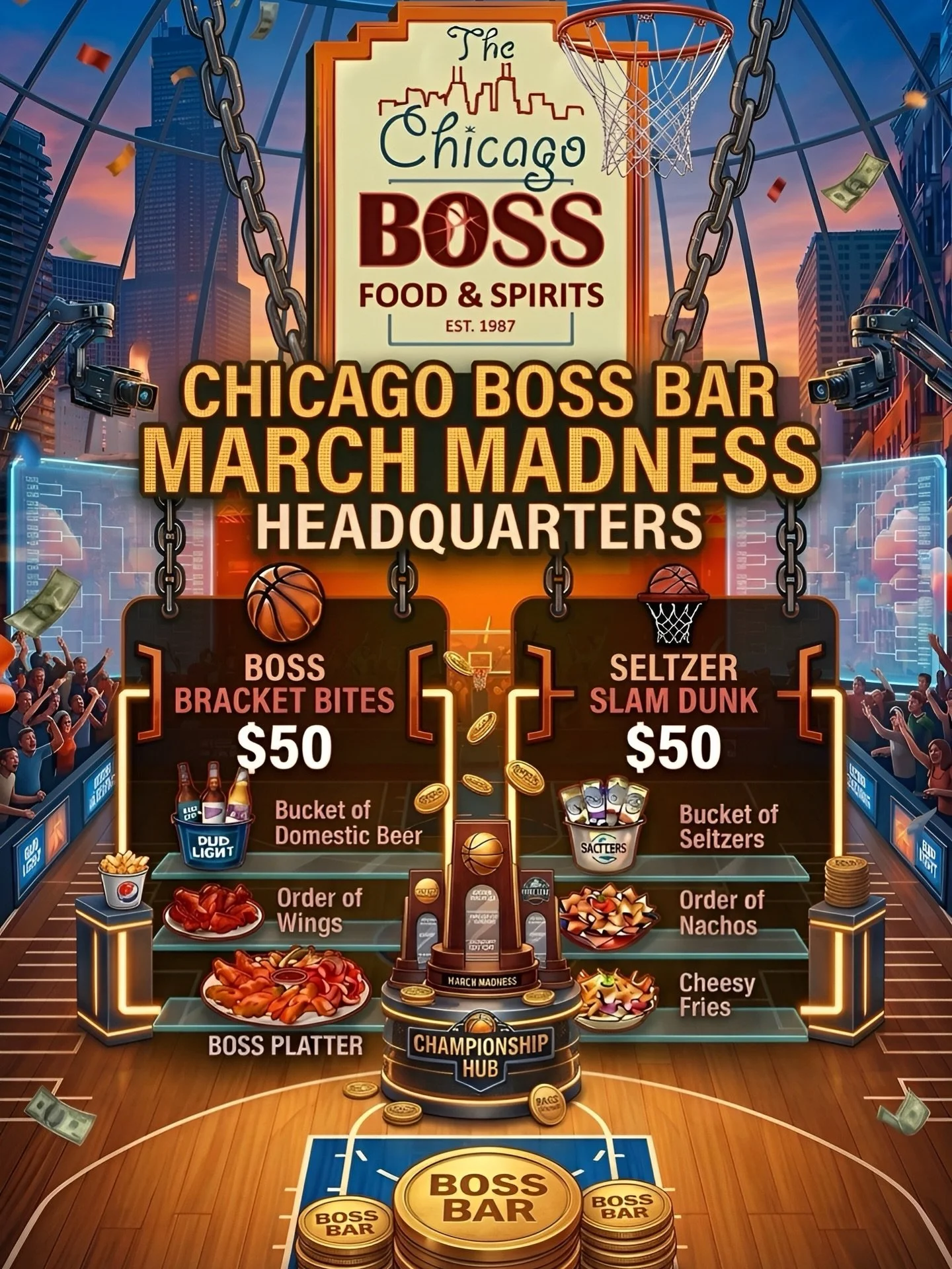 Pull up to The Boss Bar, your official March Madness game day headquarters! Catch every game on the big screens while running up these winning specials! 🏆🍗🍻

From tip-off to the final buzzer, the vibes don&rsquo;t miss. Good food, cold drinks, and