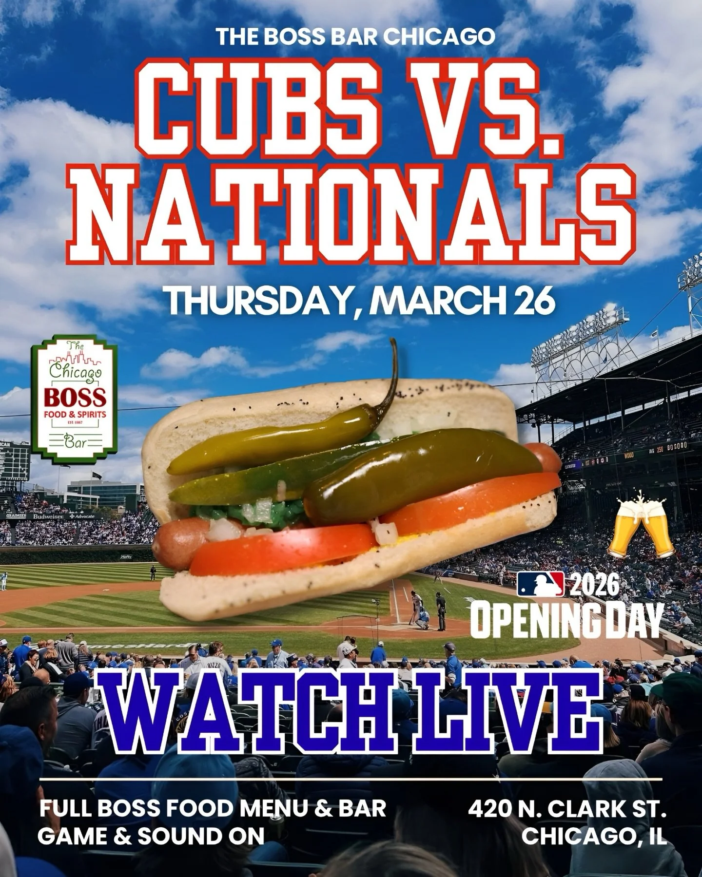 The Chicago Cubs are back at Wrigley this Thursday, 3/26 taking on the Washington Nationals and we&rsquo;re opening our doors at 1PM!

Watch the game with us or stop in after! Full Boss food menu, full bar, and no cover! Go Cubs, go! 🐻⚾️🍺

#bossbar