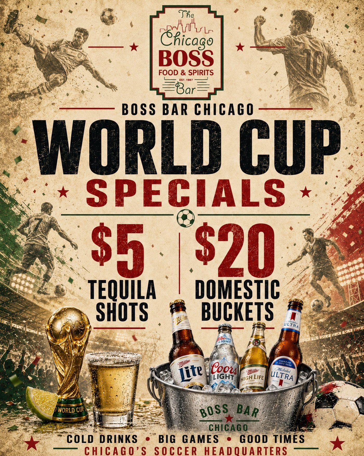Catch every World Cup match at The Boss Bar! ⚽🔥 Multiple TV screens, plenty of room, game sound on, and World Cup specials ready for every moment! No cover charge. Just pull up, grab a drink, and cheer on your squad. First come, first served!

Who a