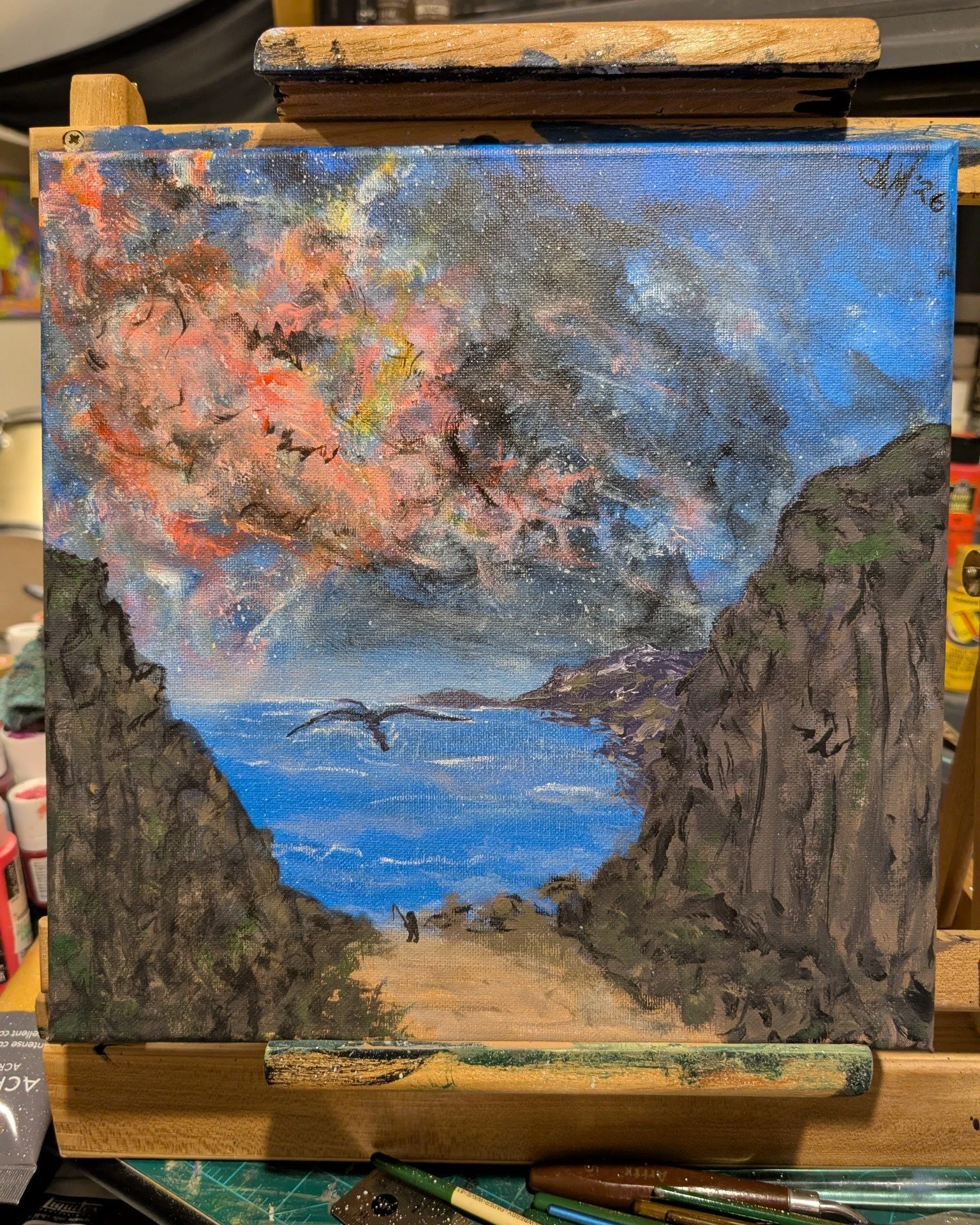 Combining deep space photo inspired skies with natural landscapes has turned into one of my favorite things. It feels like such a good representation of my work. Exploration near and far! Fantasy to put our heads above the clouds sometimes. Is the fi