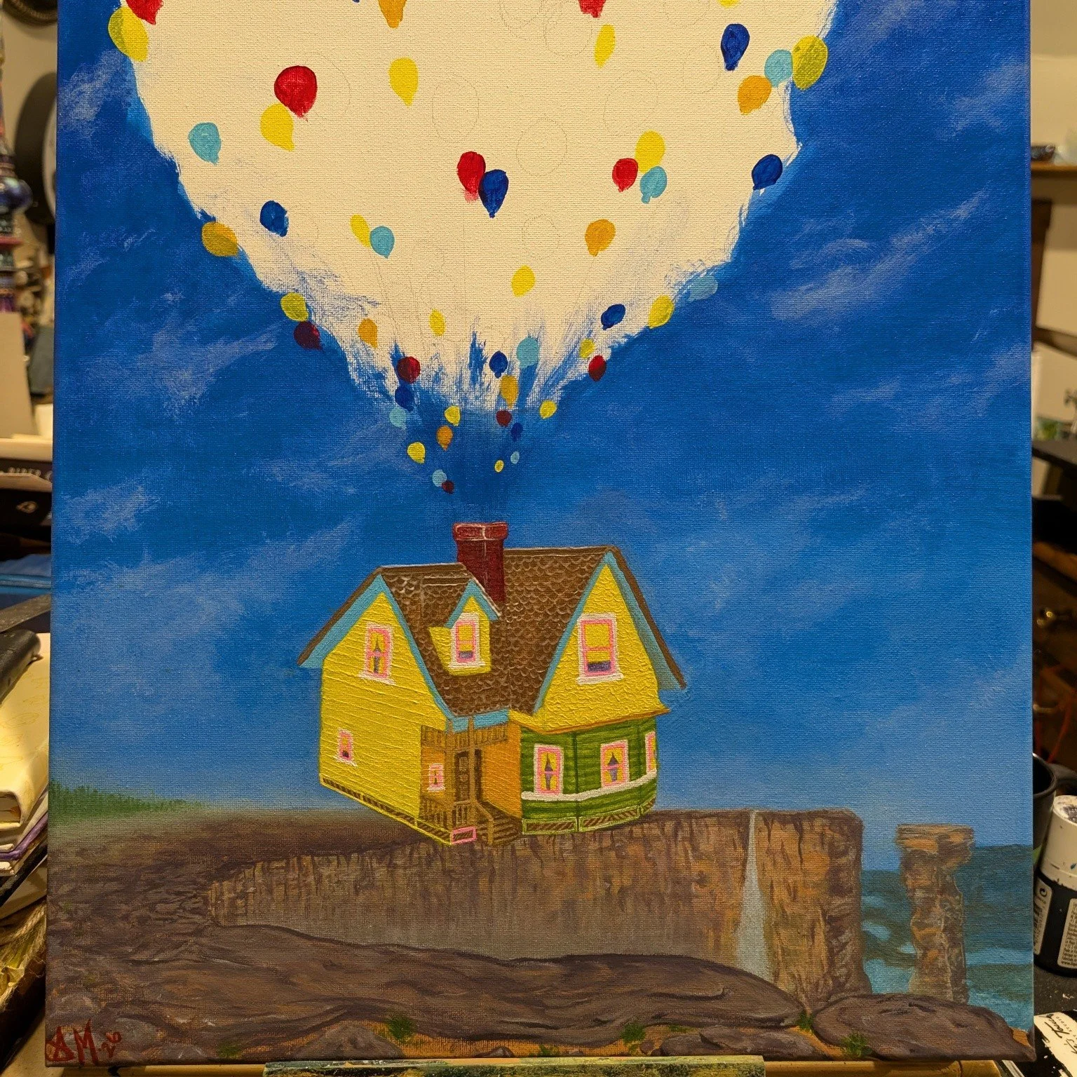 The movie Up feels so whimsical, I hope I captured that for this piece. A friend wanted to utilize the balloon space for guests to fingerprint during a gender reveal party, so I still need to fill in around the prints (not shown). I had a lot of fun 