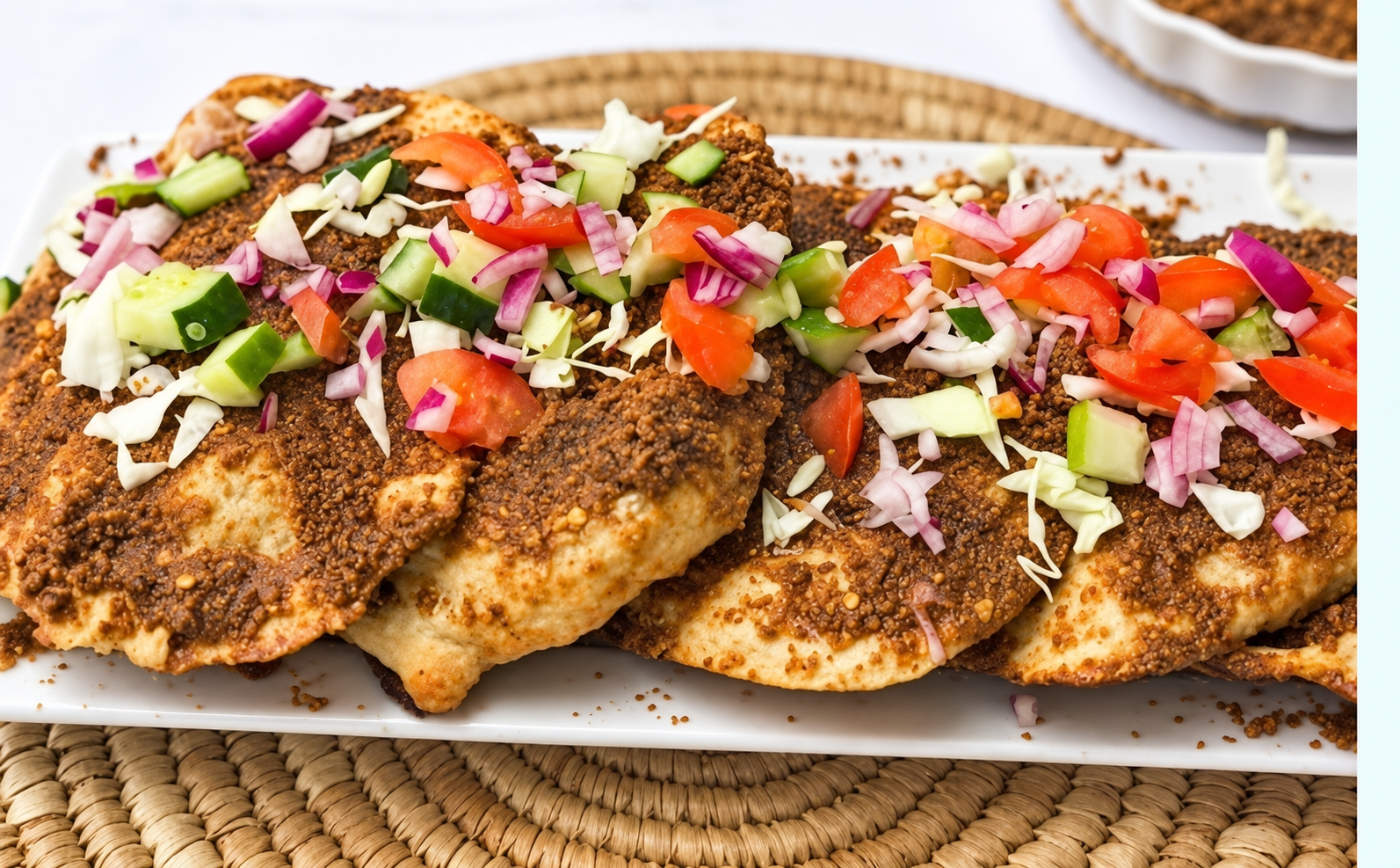 Gurasa flatbreads topped with brown seasoning, cucumber, tomato, red onion, and cabbage on a white platter.
