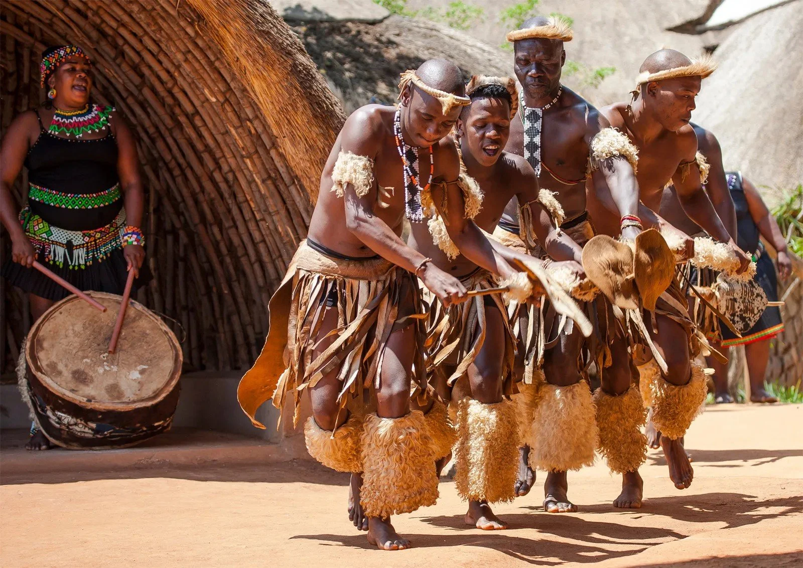 Zulu dancers in traditional attire performing at a cultural celebration in South Africa.