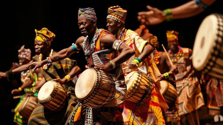 African drummers and dancers performing traditional music on stage.