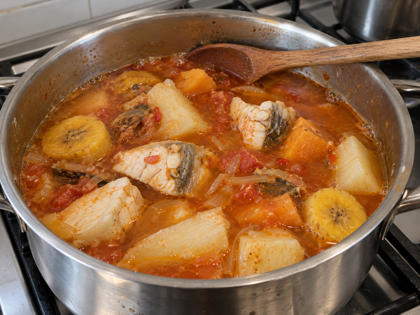 Muzongué cooking in a stainless steel pot with fish, sweet potato, plantain, and cassava in orange-red broth.