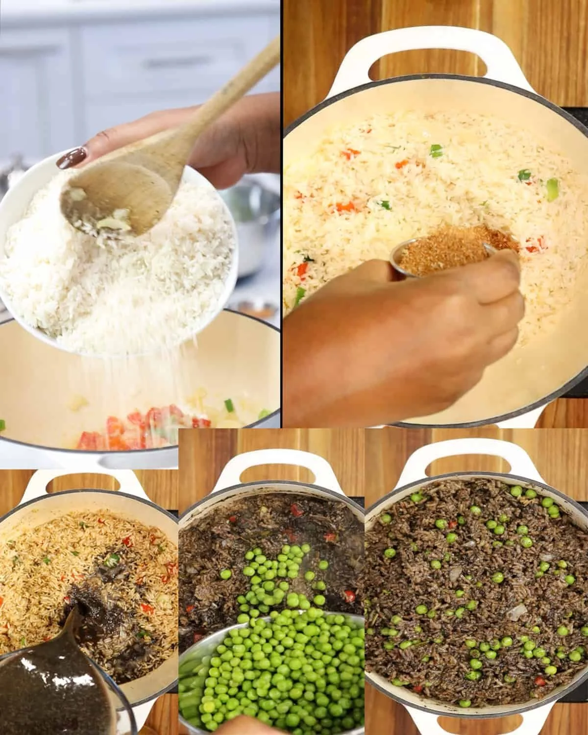 Diri ak djon djon cooking step by step in a pot.
