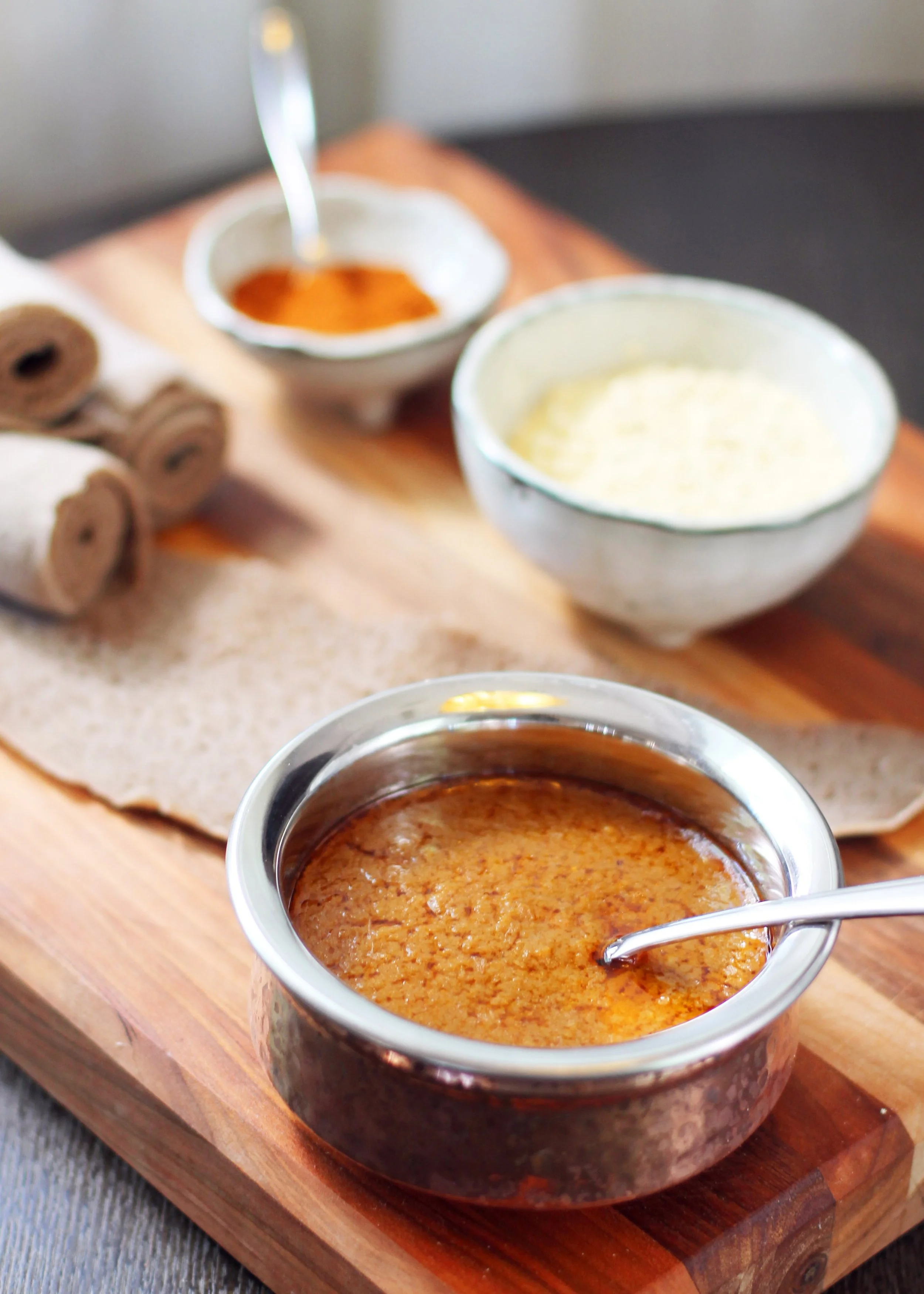 Ethiopian shiro wat made with chickpea flour, berbere, onions, tomato, and garlic