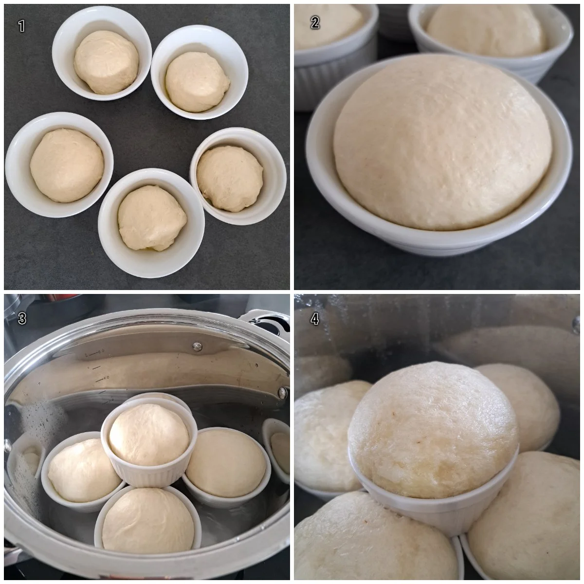 Ujeqe dough portions in ramekins being steamed in a pot to make traditional South African steamed bread.