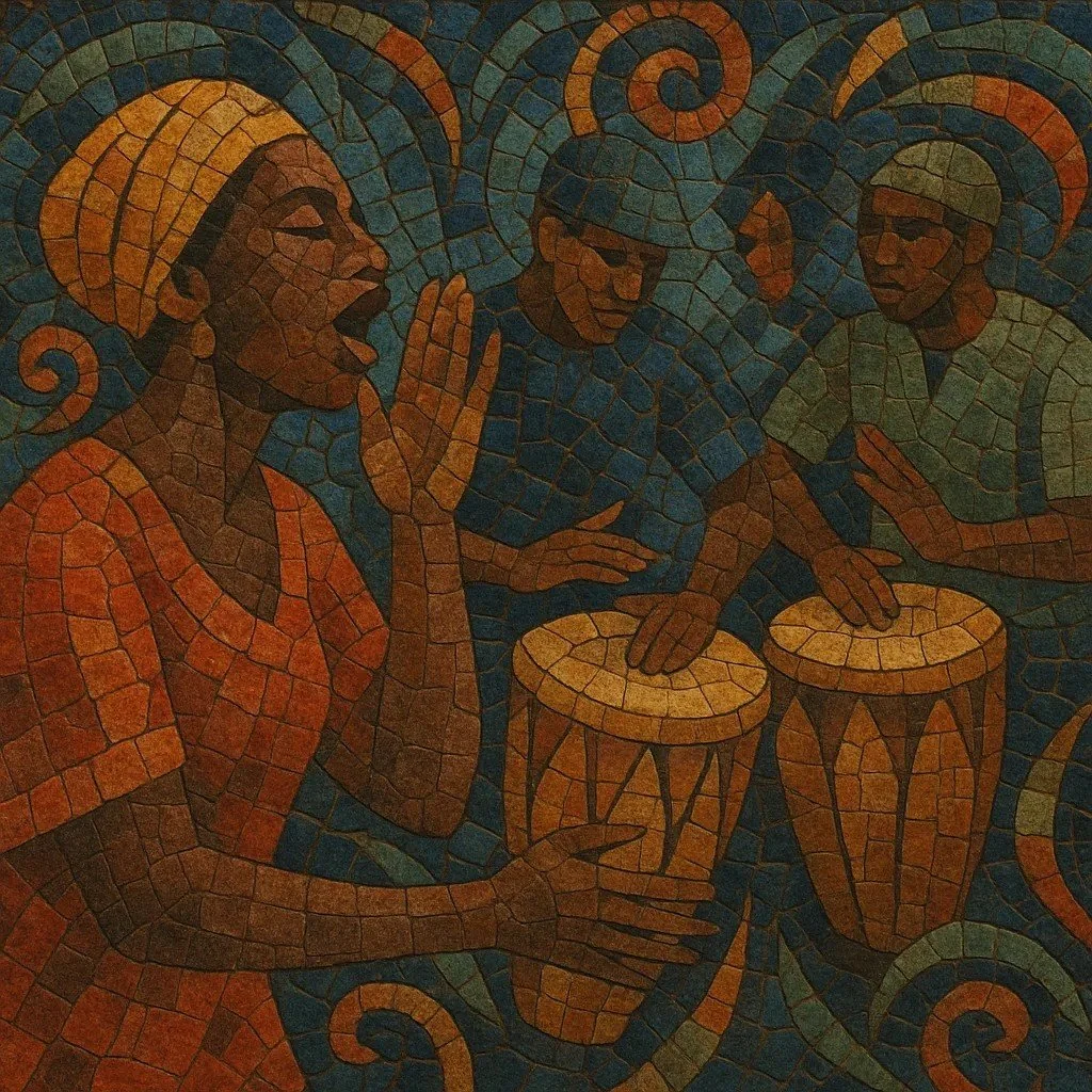 Mosaic-style illustration of a taasu speaker gesturing while two musicians play Senegalese drums