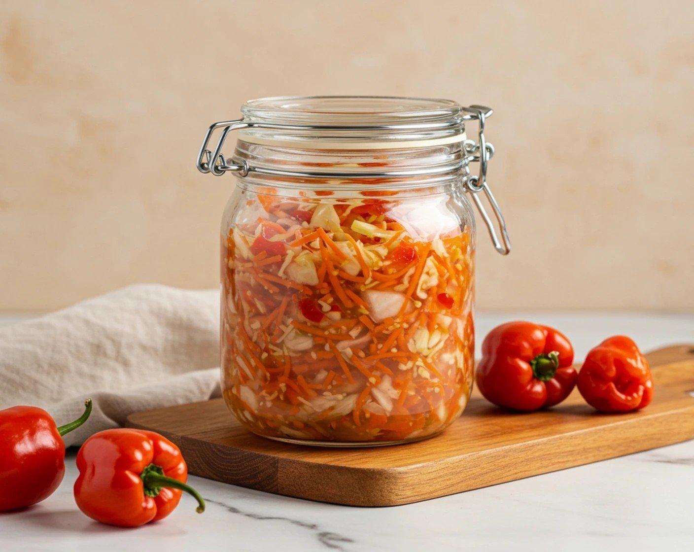 Glass jar of Haitian pikliz with shredded cabbage, carrots, and peppers on a wooden board beside red peppers