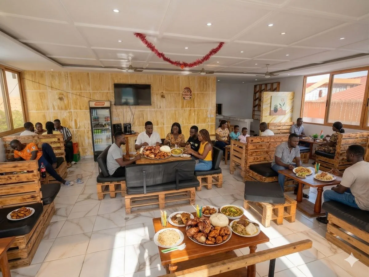 Group of friends sharing Ivorian dishes around a wooden table at a maquis in Yopougon, Abidjan