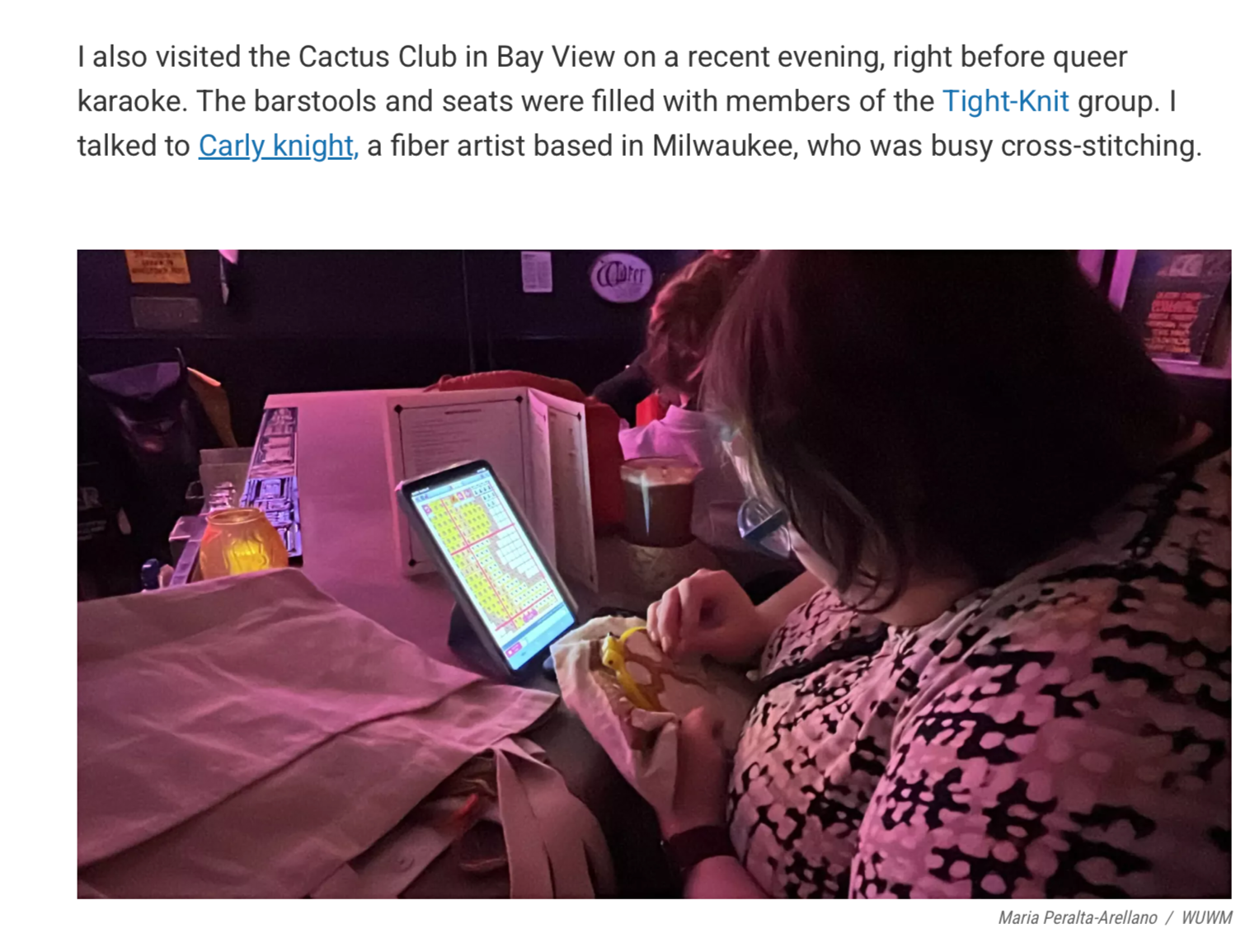 screen shot of the side of my head working on a cross-stitch project in front of an iPad in a dark enviornment