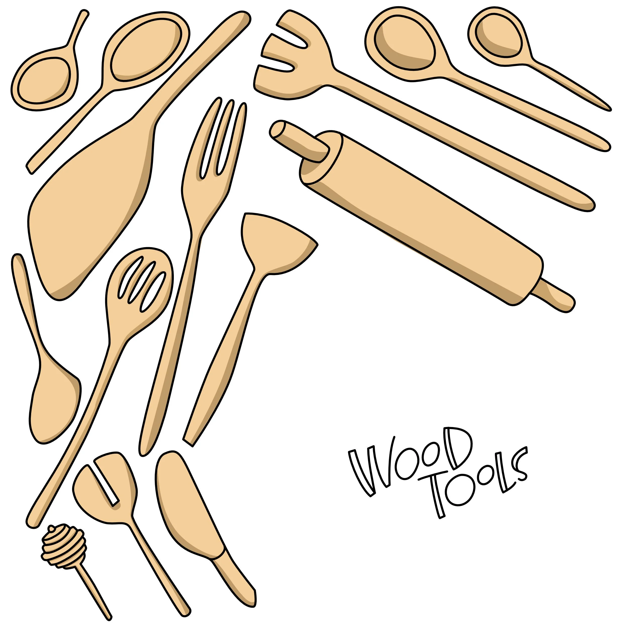 Assorted wood kitchen tools like a rolling pin, spoons, and spatulas