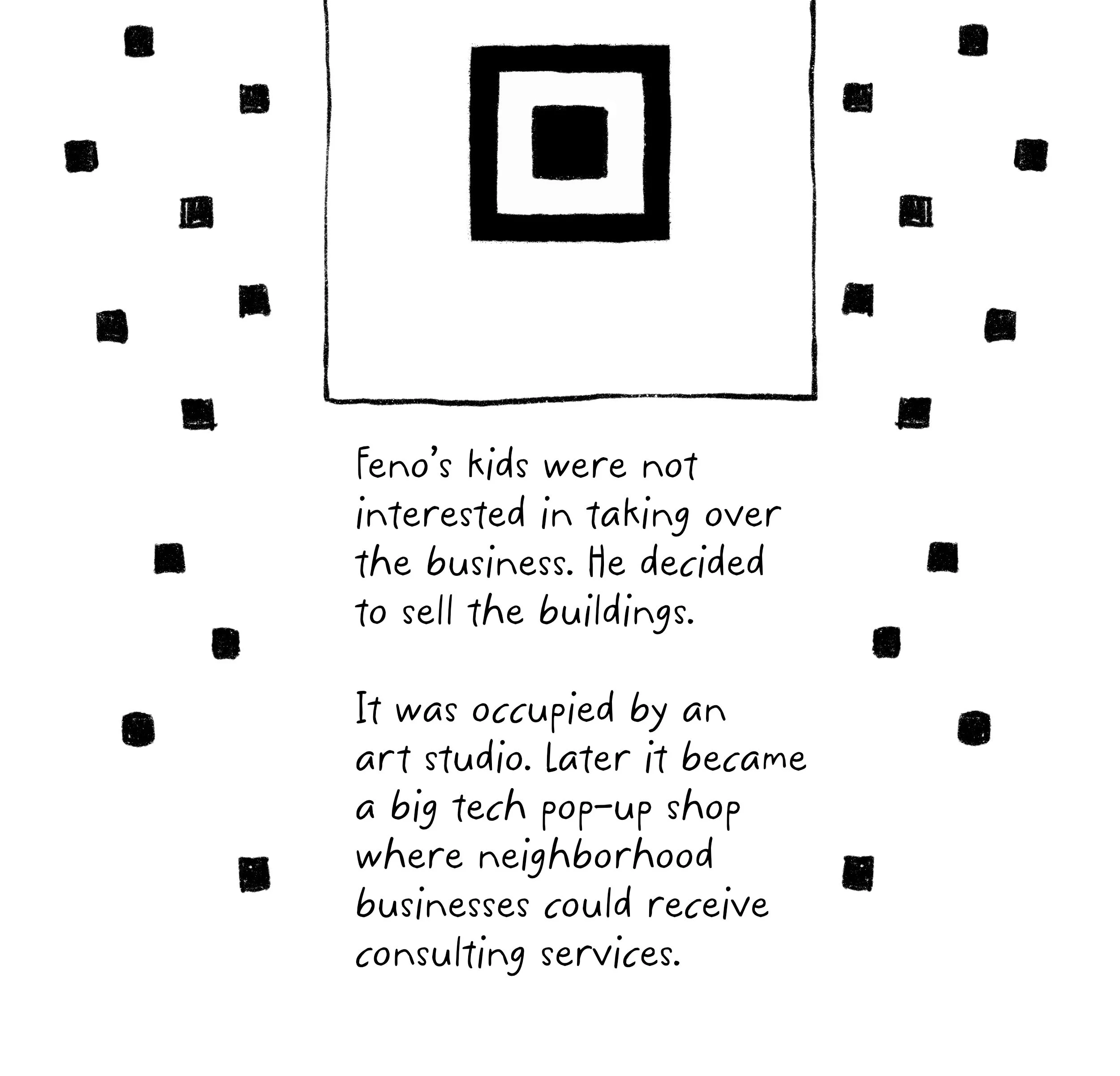 A hand-drawn illustration of a building with text about Feno's business history and neighborhood consulting services.