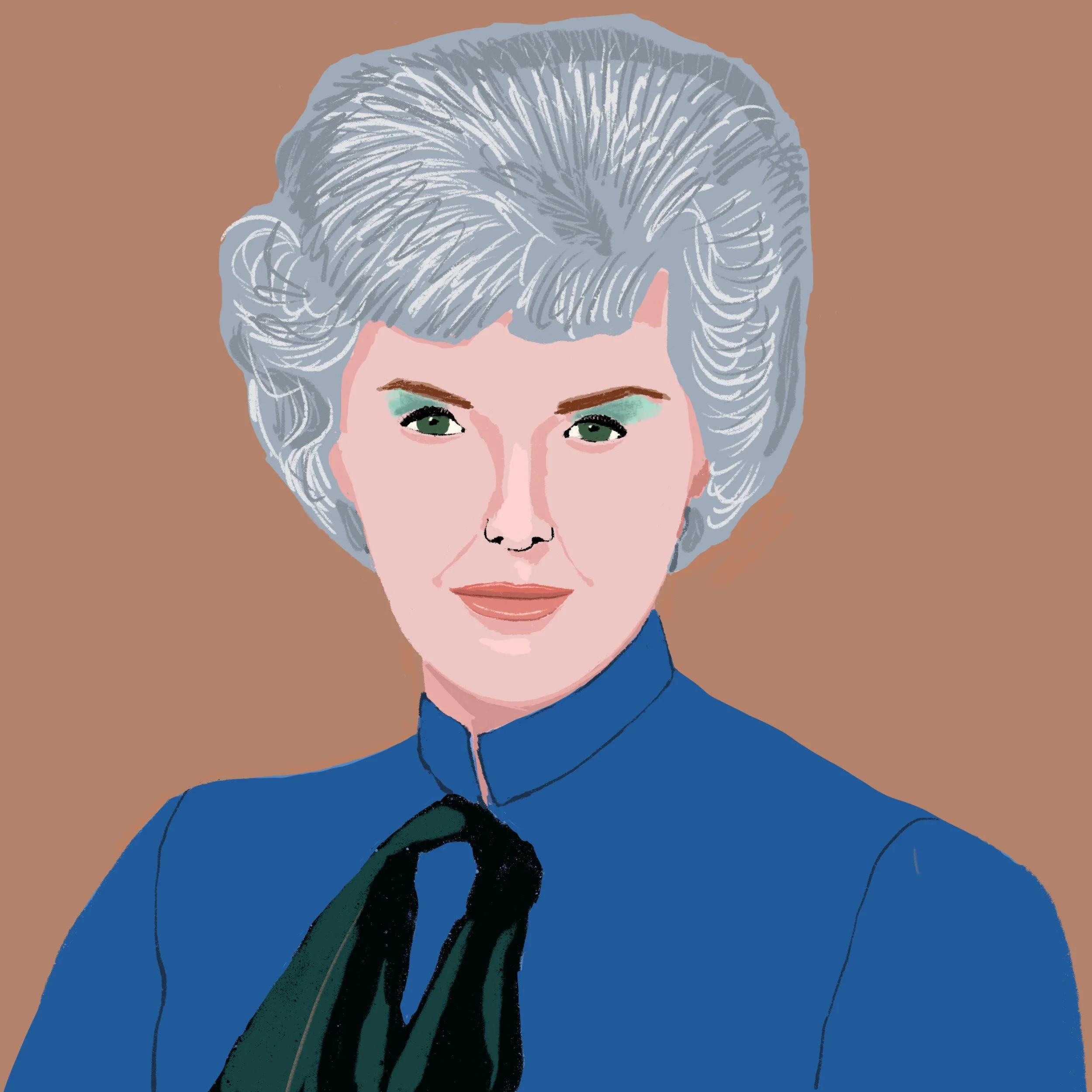 white woman with gray hair in blue dress against light brown background