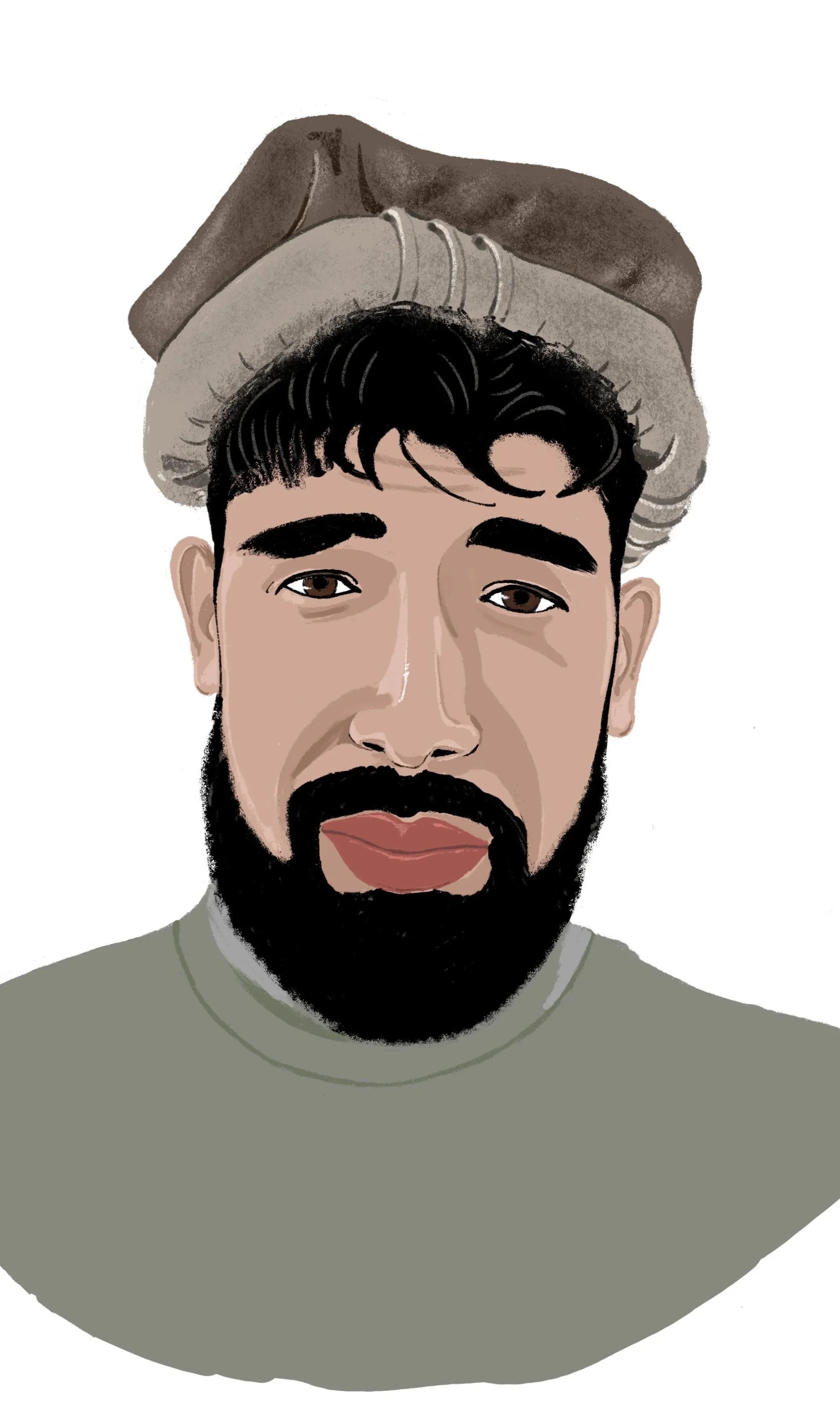 Digital illustration of a man with dark hair, a beard, and brown eyes, wearing a light gray shirt, with a hat placed on his head.