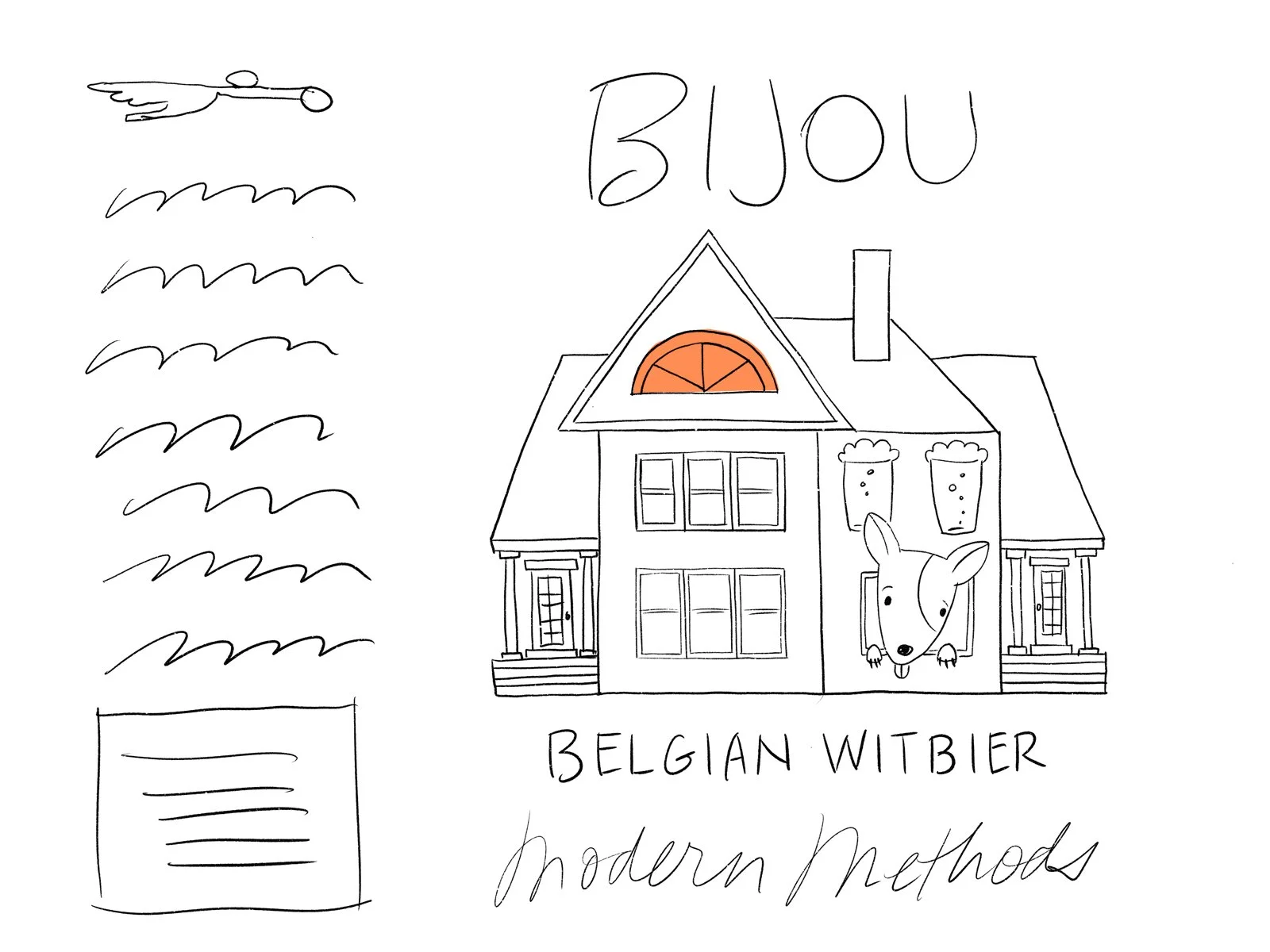 Illustration with a stylized house featuring a dog's head and beer glasses, labeled "Bijou" and "Belgian Witbier Modern Methods."