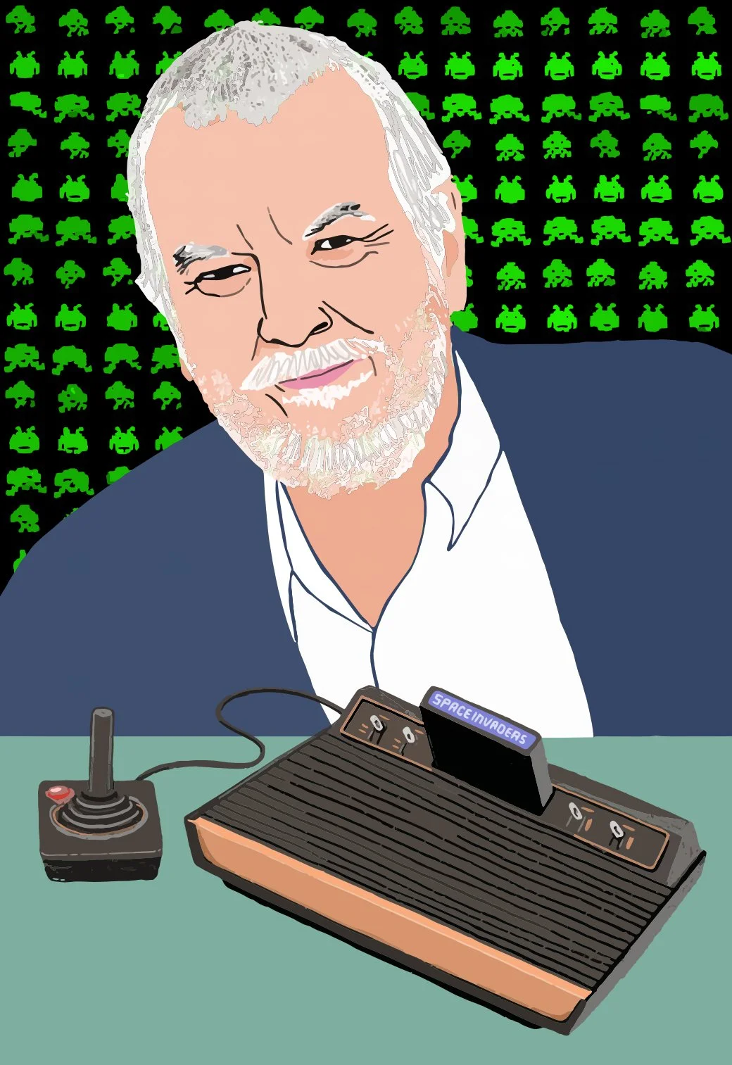 Man in a blue suit jacket over a background of green game characters. Game console with joystick in the foreground.