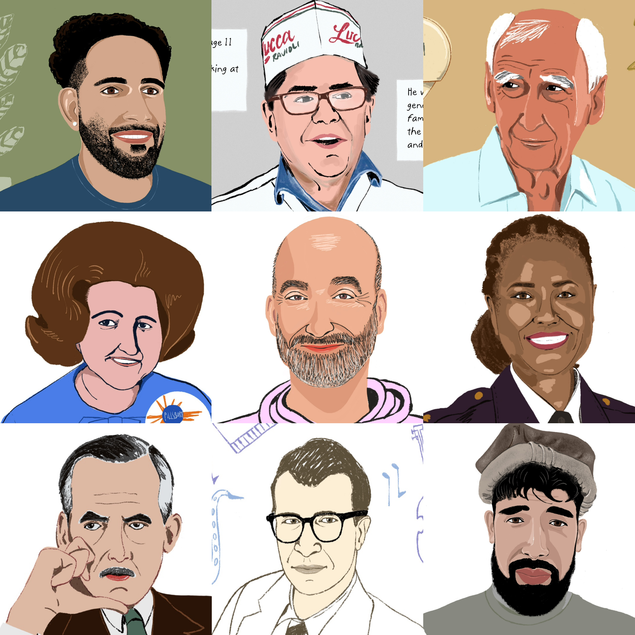 A three by three grid of nine portraits. In the center of the array is a selfie.